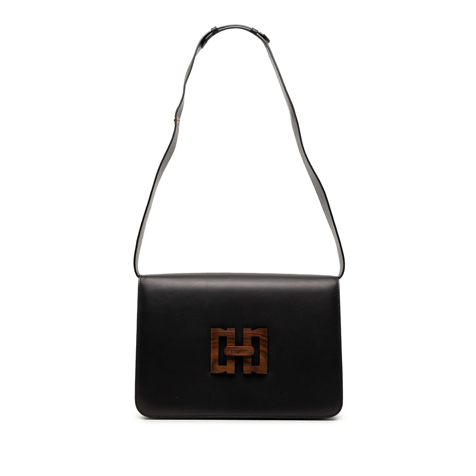 Ferragamo Wooden Gancini Leather Flap Shoulder Bag Black: Ferragamo Wooden Gancini Leather Flap Shoulder Bag Black Ferragamo Leather Wooden Gancini Shoulder Bag in black leather, made in Italy. It features a leather body, a flat leather strap, a front flap w