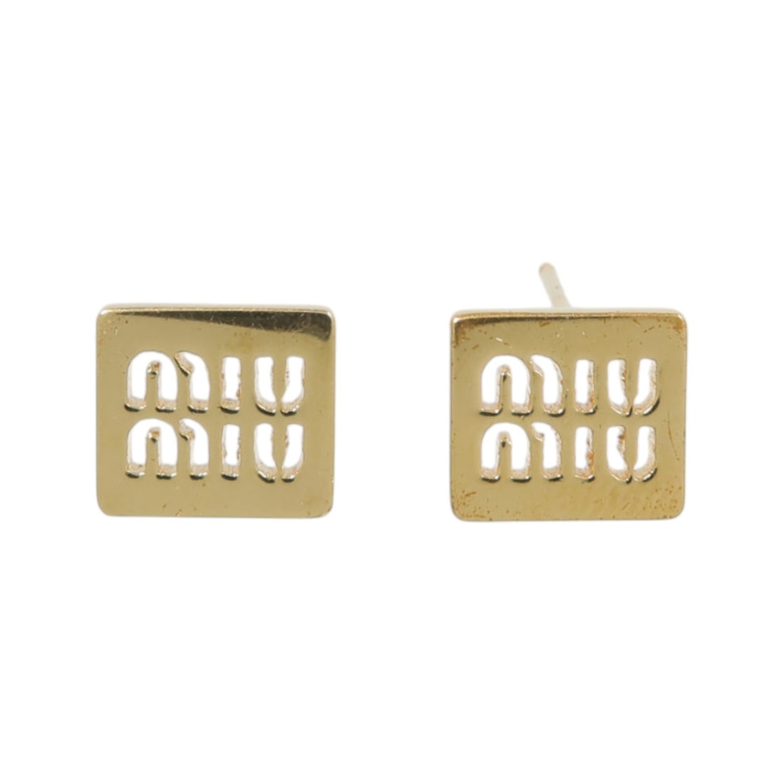 Miu Miu Gold Tone Metal Earrings with Storage Box: Miu Miu Gold Tone Metal Earrings with Storage Box Miu Miu earrings in gold-tone metal, presented in very good AB condition. The listing includes a storage box. Size is 10 mm x 10 mm. Specifications Br