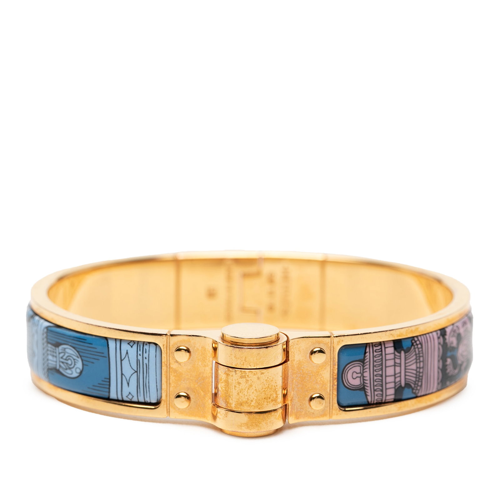 Hermes Blue Enamel Gold Plated Hinged Bracelet Narrow Design (1 of 4)