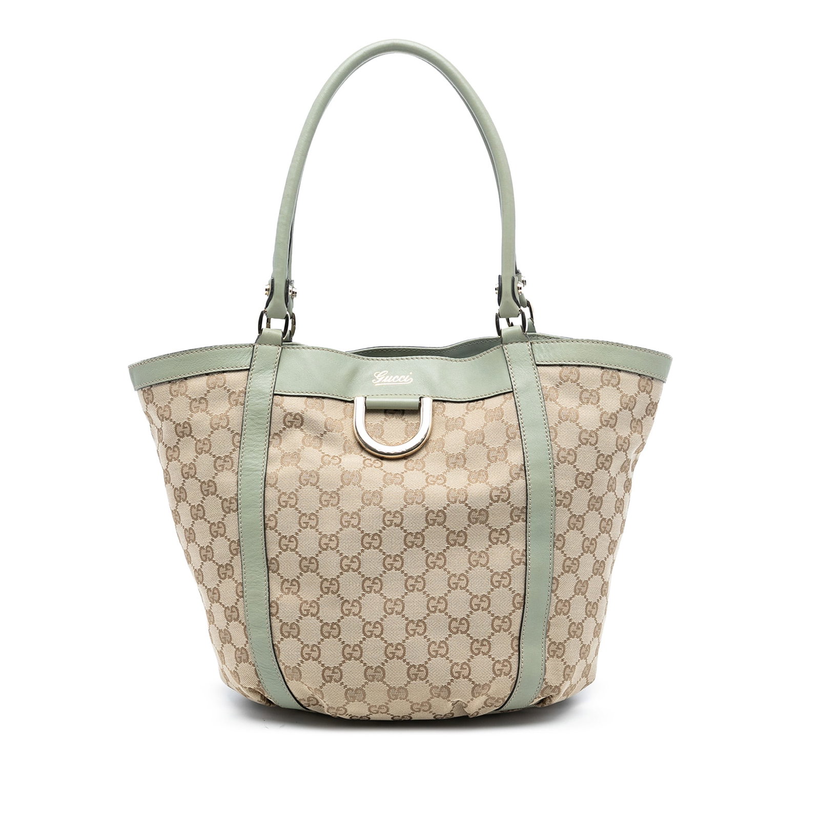 Beige GG Canvas Abbey D Ring Shoulder Bag by Gucci: Beige GG Canvas Abbey D Ring Shoulder Bag by Gucci This Gucci GG Canvas Abbey D Ring Tote is crafted from canvas with leather trim and features rolled leather straps, an open top with a magnetic snap 