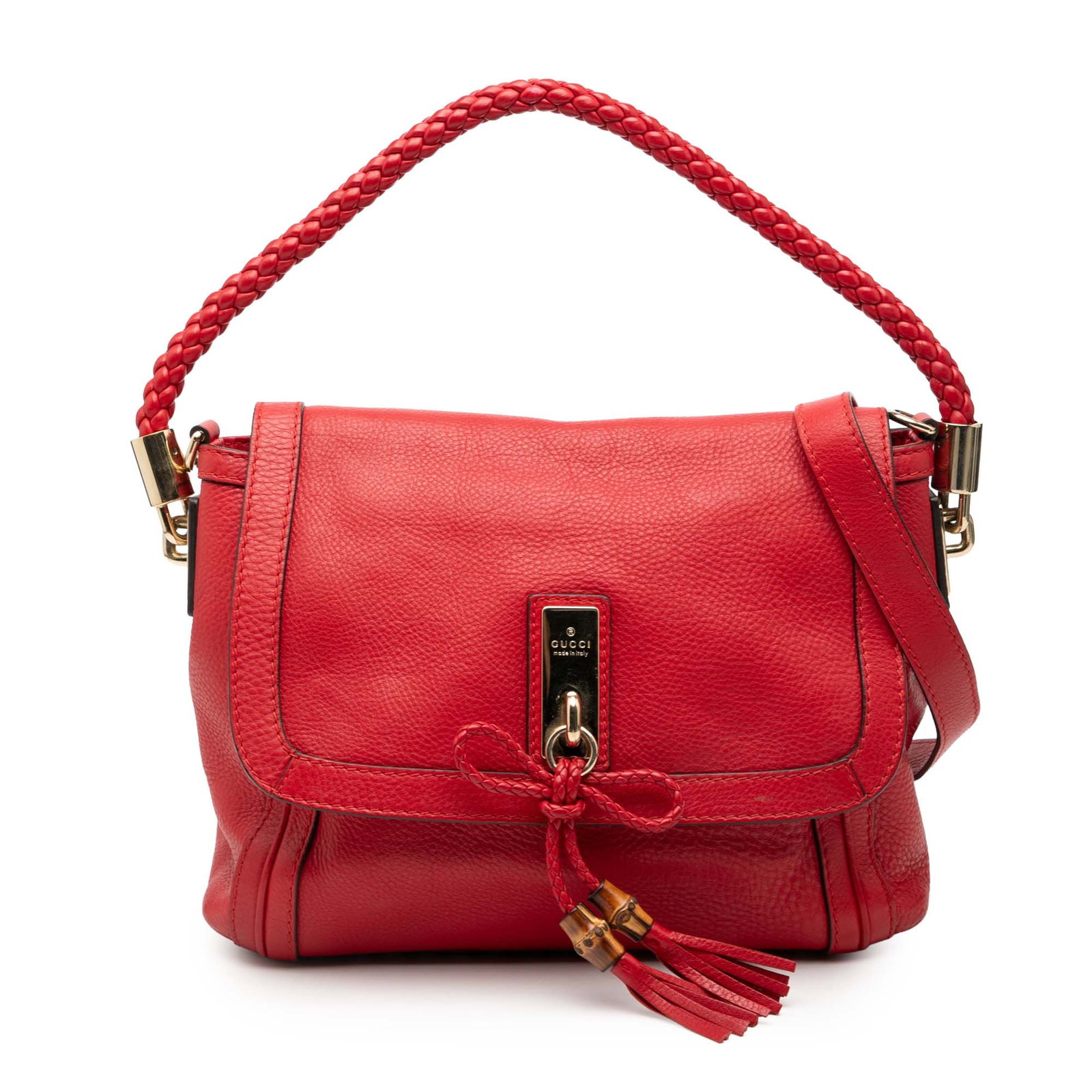 Gucci Bella Flap Satchel Red Calfskin Leather Bag: Gucci Bella Flap Satchel Red Calfskin Leather Bag This Gucci Bella satchel features a red leather body with a rolled braided strap and a detachable flat leather strap. It is designed with a flap closu