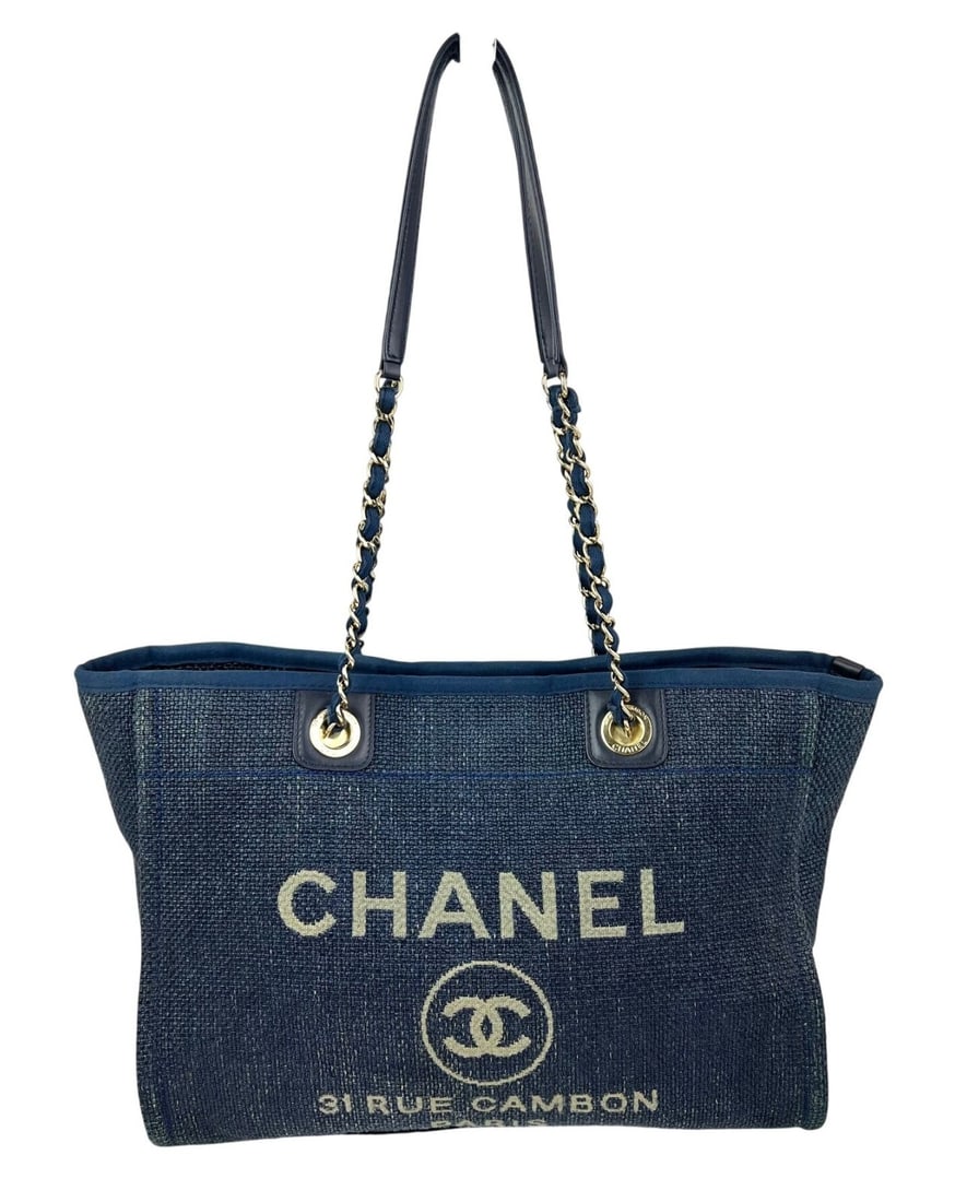 CHANEL Deauville Small Blue Woven Raffia Canvas Tote (1 of 12)