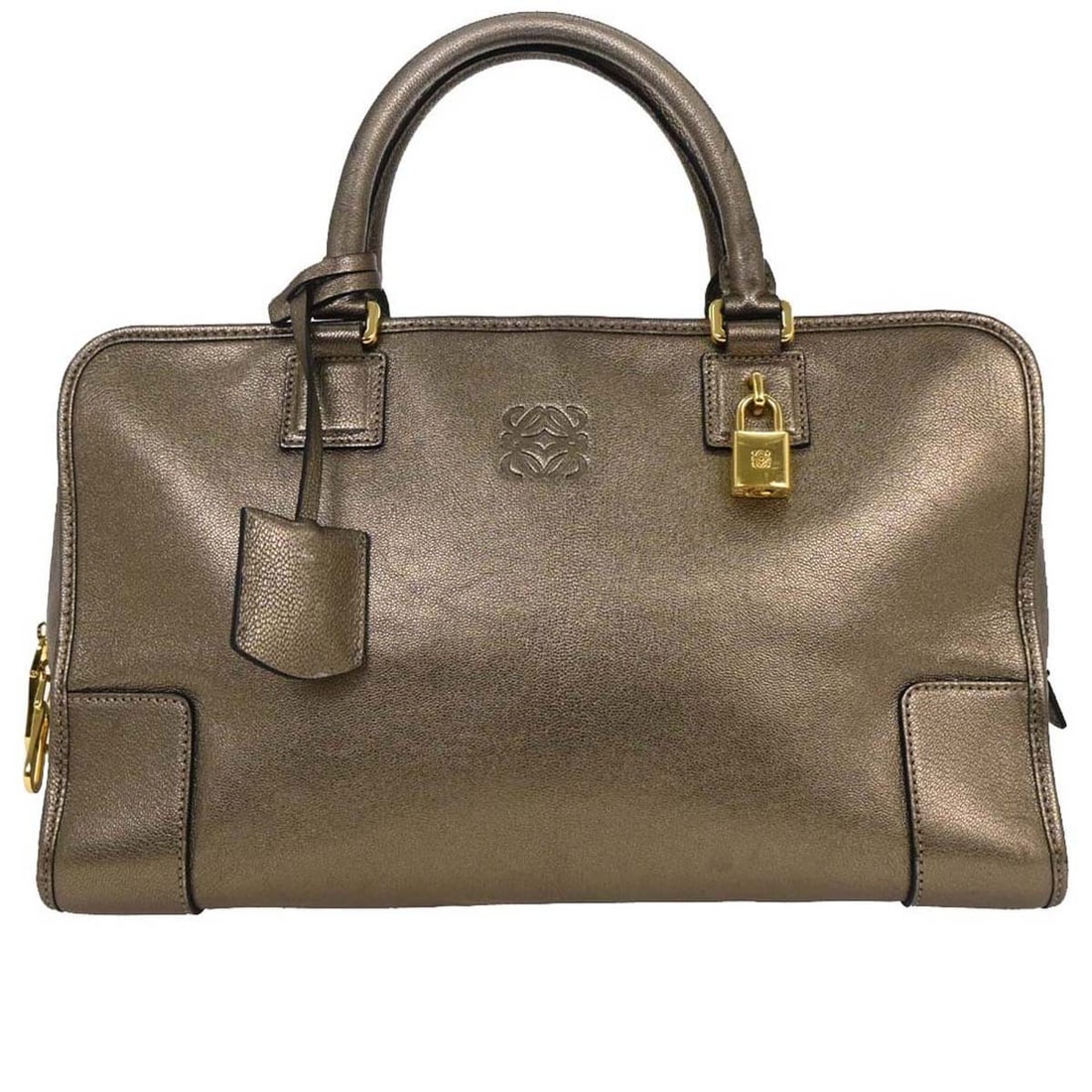 Loewe Amazona 36 Gold Leather Top Handle Bag: Loewe Amazona 36 Gold Leather Top Handle Bag Loewe Amazona 36 top handle handbag in gold leather with double handles, zip closure, and inner pockets. Made in Spain, this women's bag includes a padlock