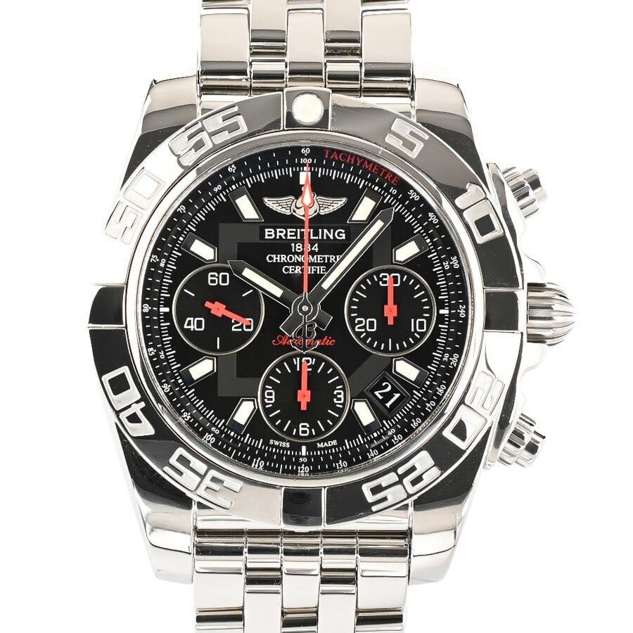 Breitling S014BB4PA Chronomat 41 automatic mens chronograph watch: Breitling S014BB4PA Chronomat 41 automatic mens chronograph watch Pre-owned Breitling Chronomat 41 men's wristwatch with a black dial, date display, and chronograph functions. It features an automatic