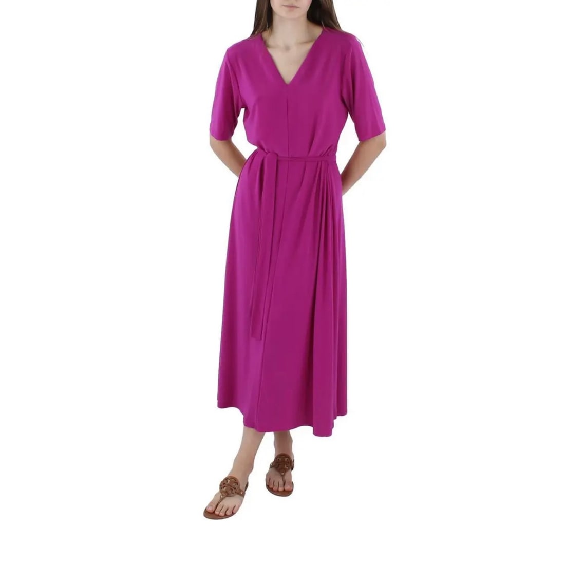 MSK Berta Pink V-Neck Midi Dress Elbow Sleeves Fit & Flare (1 of 2)