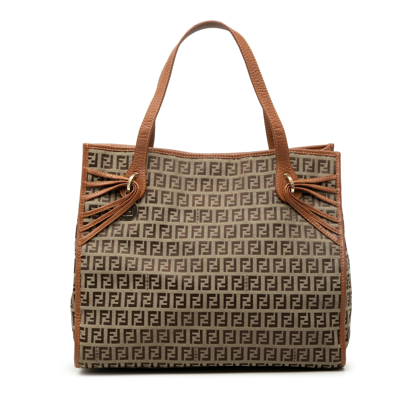Fendi Brown Zucchino Pattern Canvas Tote Bag with Leather Trim: Fendi Brown Zucchino Pattern Canvas Tote Bag with Leather Trim This Fendi Zucchino Canvas Tote features a canvas body with leather trim, flat leather straps, an open top with magnetic closure, and an 