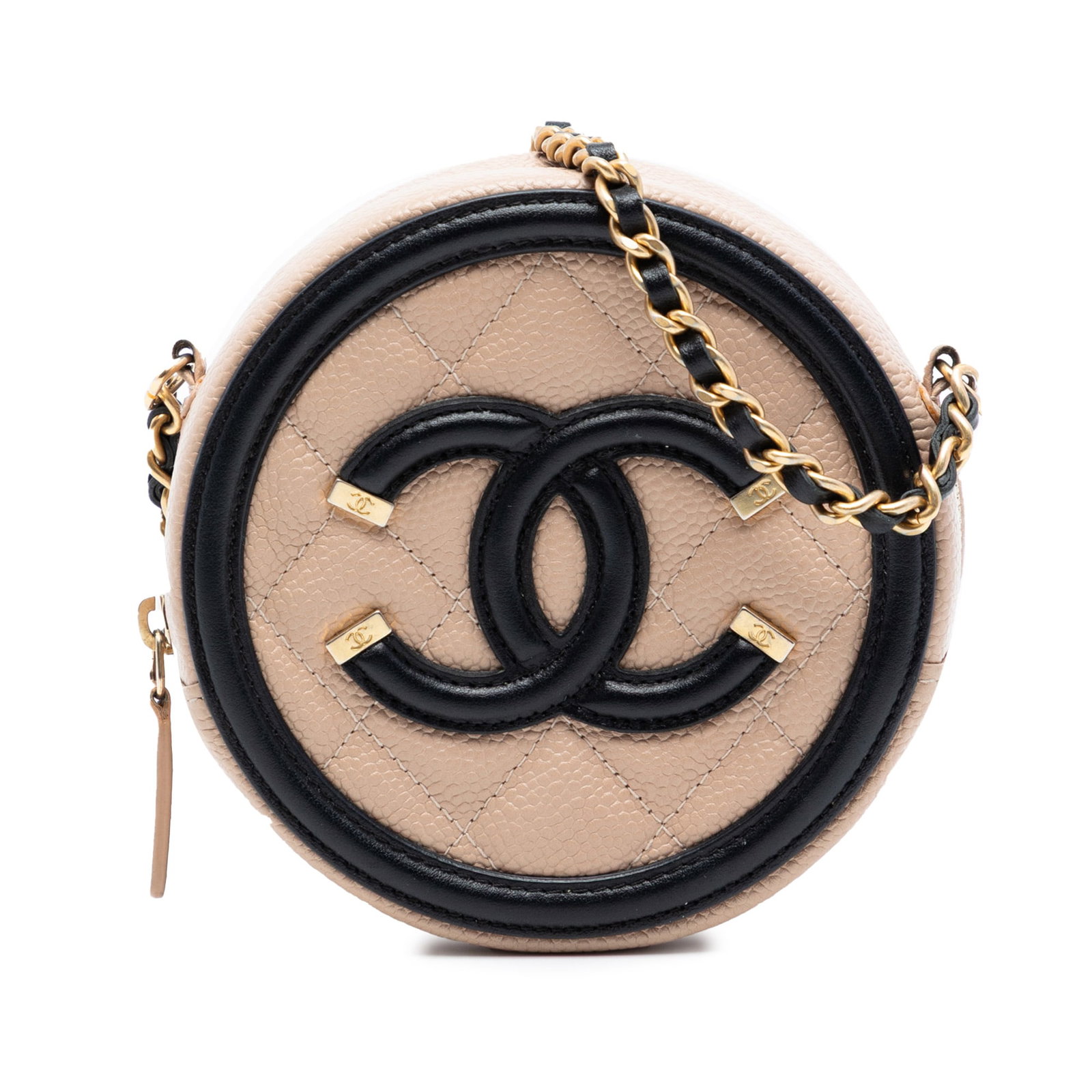 Beige Leather CC Filigree Round Crossbody Bag by Chanel: Beige Leather CC Filigree Round Crossbody Bag by Chanel This Chanel Caviar CC Filigree Round Crossbody features a quilted caviar leather exterior in beige, complemented by a woven chain strap and a to