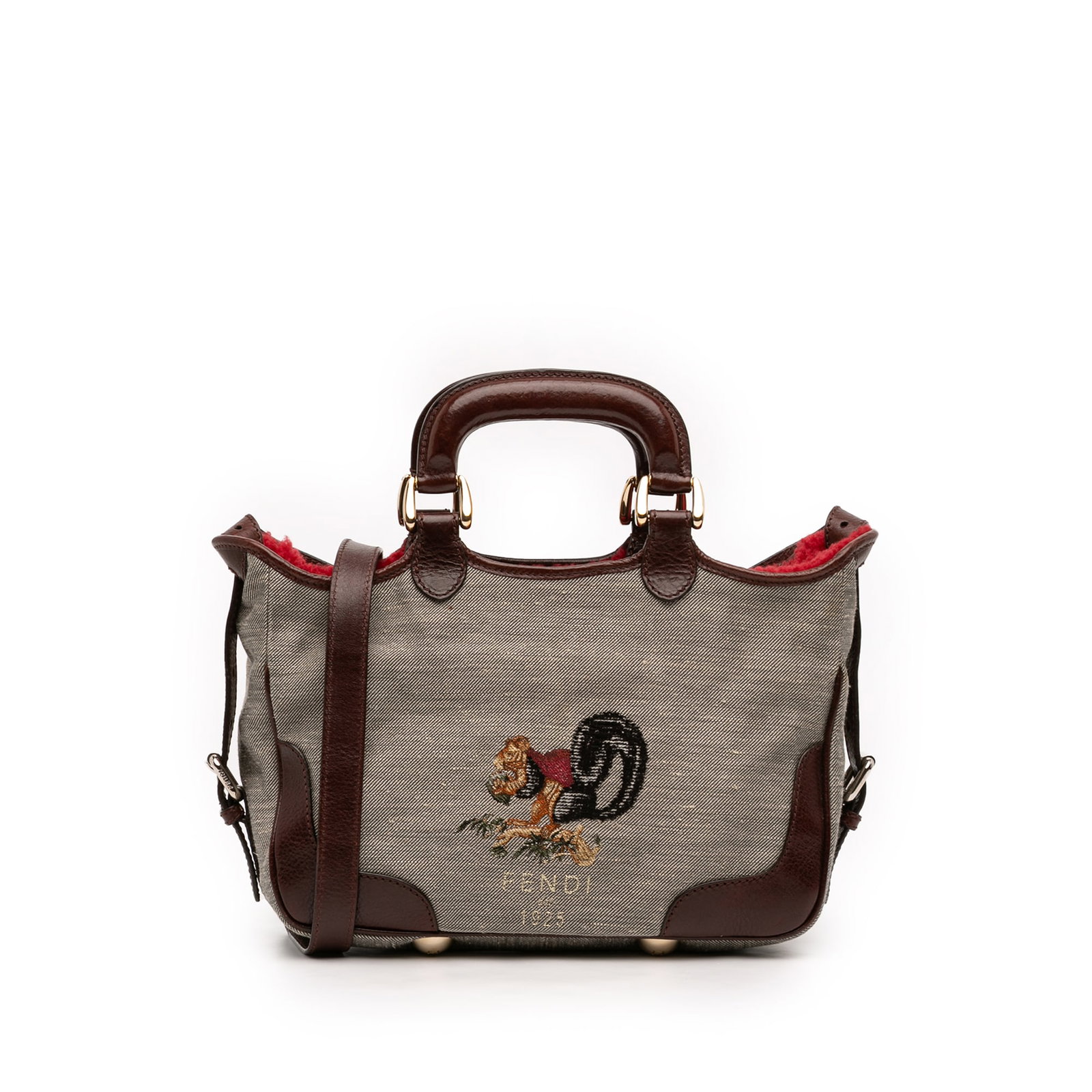 Fendi Squirrel Satchel Embroidered Canvas and Leather Fur Trim (1 of 6)