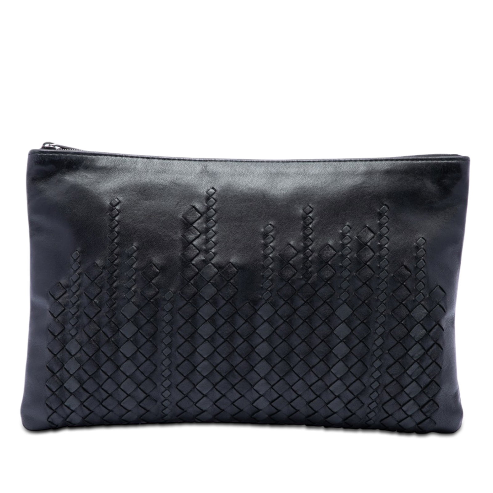 Bottega Veneta Intrecciato Leather Zip Clutch Black: Bottega Veneta Intrecciato Leather Zip Clutch Black Black leather clutch bag from Italy featuring a woven leather trimmed body and a top zip closure. The item is in B+ condition with visible wear to t