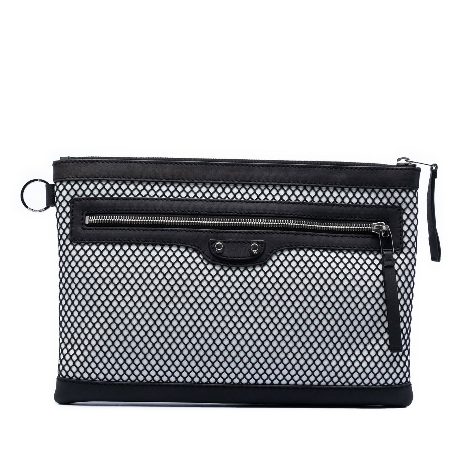 Balenciaga Motocross Classic Clip M Lambskin Mesh Clutch: Balenciaga Motocross Classic Clip M Lambskin Mesh Clutch Balenciaga Motocross Classic Clip M clutch crafted with a lambskin leather and mesh body in black. The design features a top zip closure and an