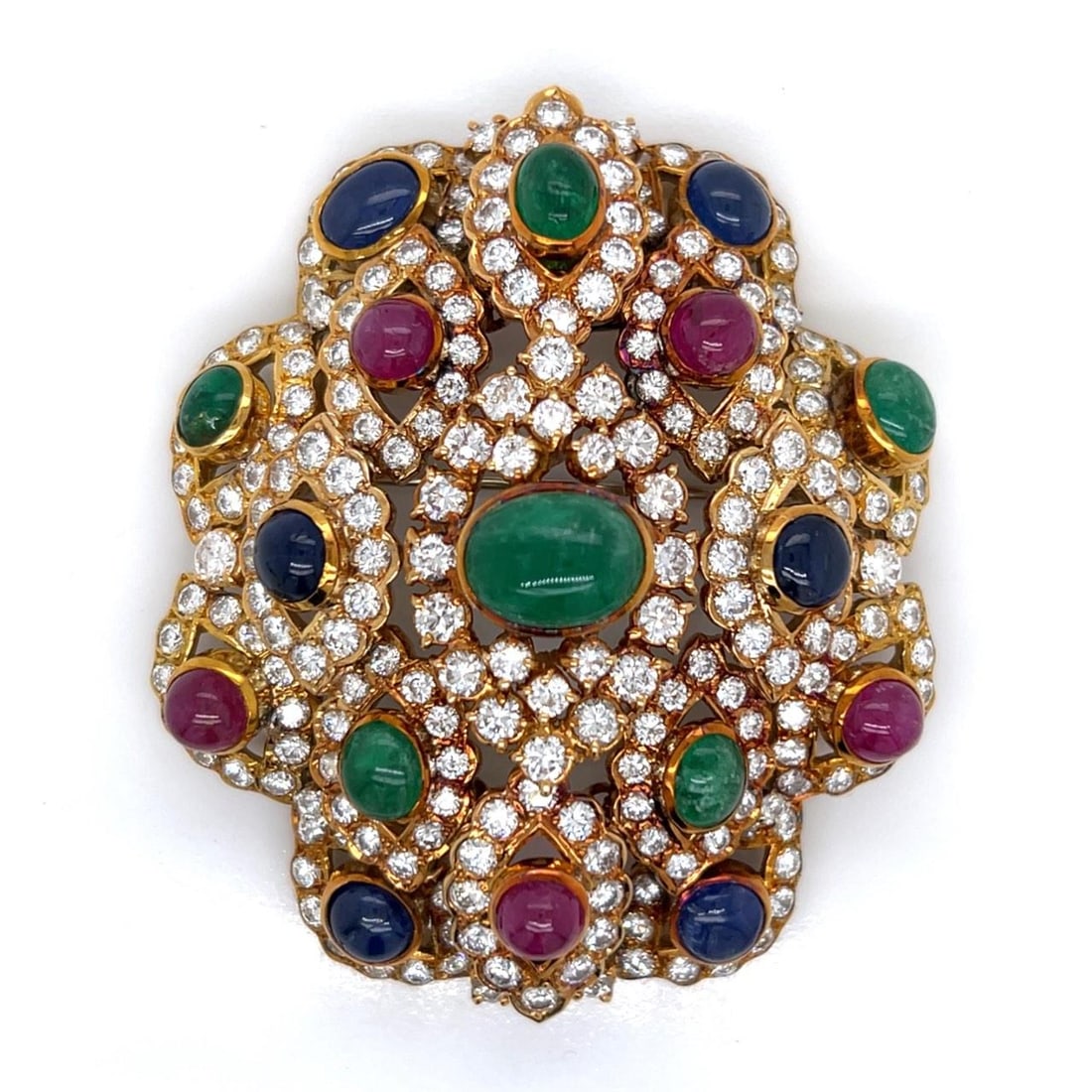 18K Yellow Gold Multi-Stone Pendant Brooch with Diamonds and Gemstones: 18K Yellow Gold Multi-Stone Pendant Brooch with Diamonds and Gemstones This stunning 18K Yellow Gold pendant/brooch features an exquisite array of gemstones, including 224 diamonds totaling approximat