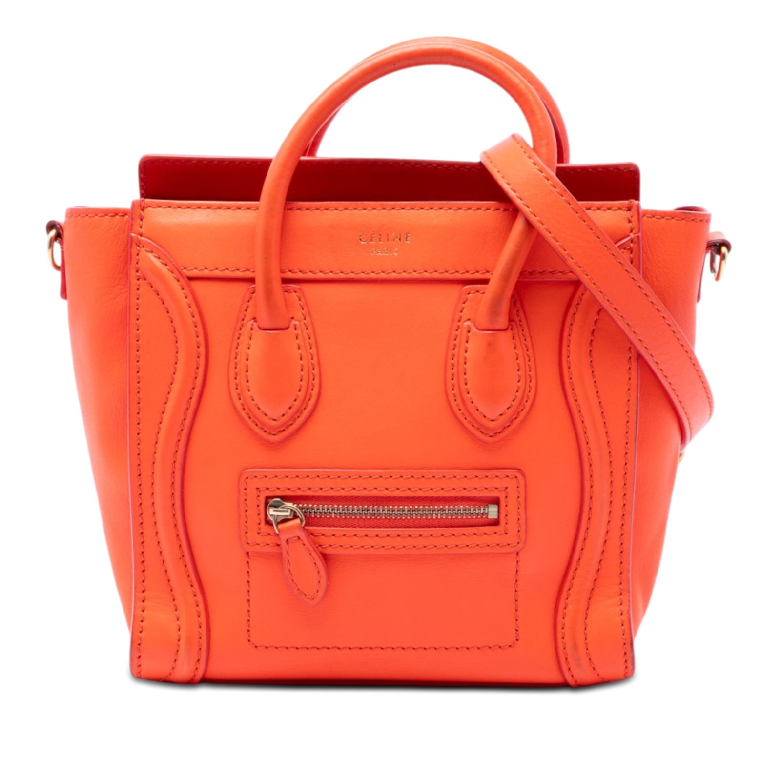 Celine Nano Luggage Tote Orange Leather Shoulder Bag: Celine Nano Luggage Tote Orange Leather Shoulder Bag Celine Nano Luggage Tote in orange leather with rolled leather handles, a detachable flat strap, top zip closure, exterior front zip pocket, and in