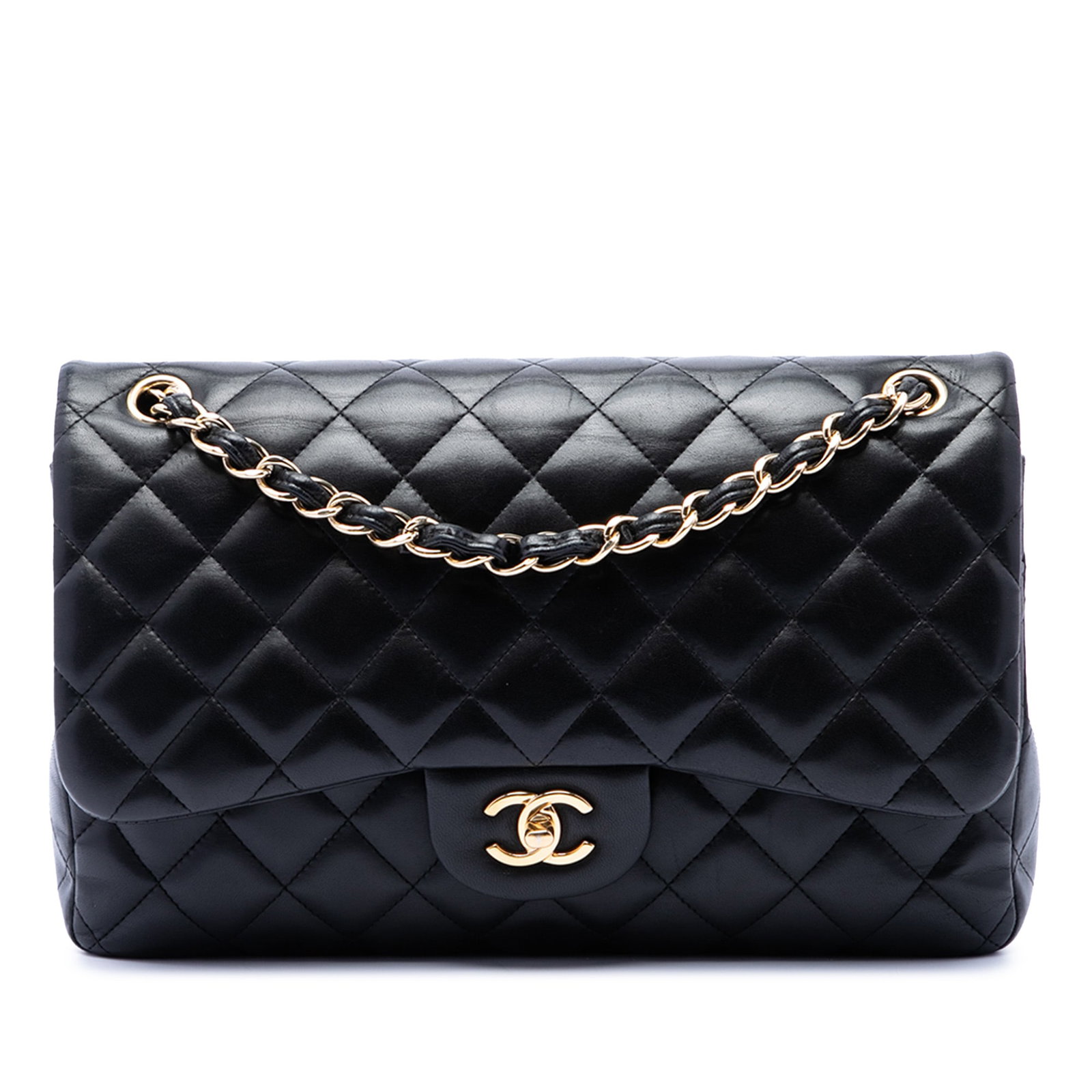 Chanel Jumbo Classic Double Flap Shoulder Bag Black Lambskin: Chanel Jumbo Classic Double Flap Shoulder Bag Black Lambskin This Chanel Jumbo Classic Lambskin Double Flap shoulder bag is crafted in black quilted lambskin leather with leather-woven chain straps an