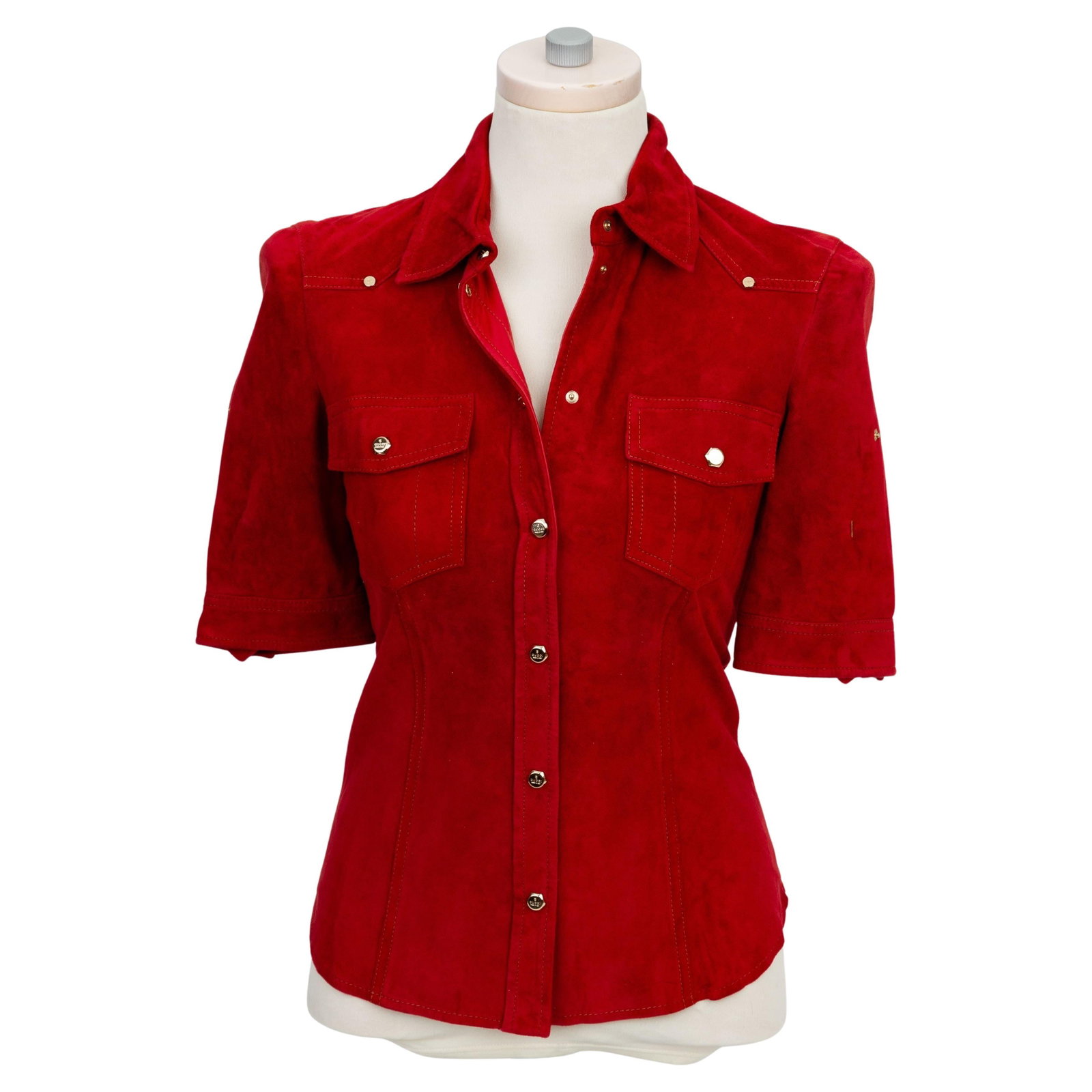 Red Suede Short Sleeve Top by Gucci with Silk Lining Size 38: Red Suede Short Sleeve Top by Gucci with Silk Lining Size 38 This Gucci short sleeve shirt is crafted from vibrant red suede and features a partial silk lining for added comfort. Designed in a size 38