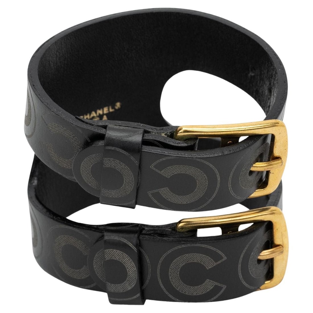 Chanel Coco Double Strap Leather Cuff Bracelet Brown: Chanel Coco Double Strap Leather Cuff Bracelet Brown Chanel Coco embossed double strap leather cuff in dark brown leather with gold tone hardware from the Autumn 2001 collection. Comes with a velvet p