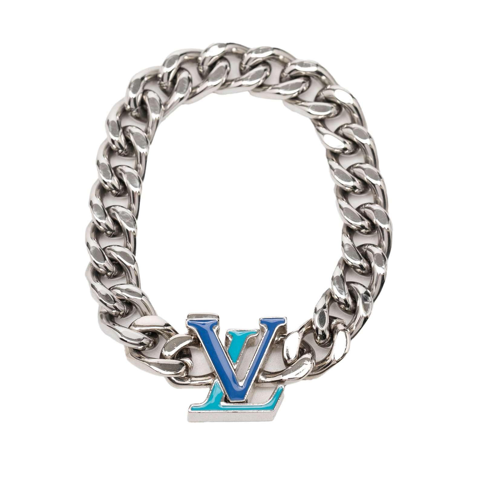 Louis Vuitton LV Chain Bracelet Stainless Steel Enamel M: Louis Vuitton LV Chain Bracelet Stainless Steel Enamel M This Louis Vuitton bracelet features a stainless steel body with enamel detailing and a secure push clasp closure. Crafted in Italy, it showcas