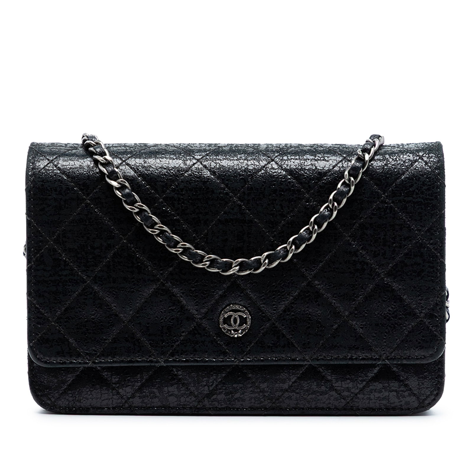 Chanel Black Crinkled Patent Leather Wallet On Chain with Quilted Design: Chanel Black Crinkled Patent Leather Wallet On Chain with Quilted Design This Chanel CC Quilted Crinkled Patent Wallet On Chain features a quilted patent leather body with a crinkled effect, a leather