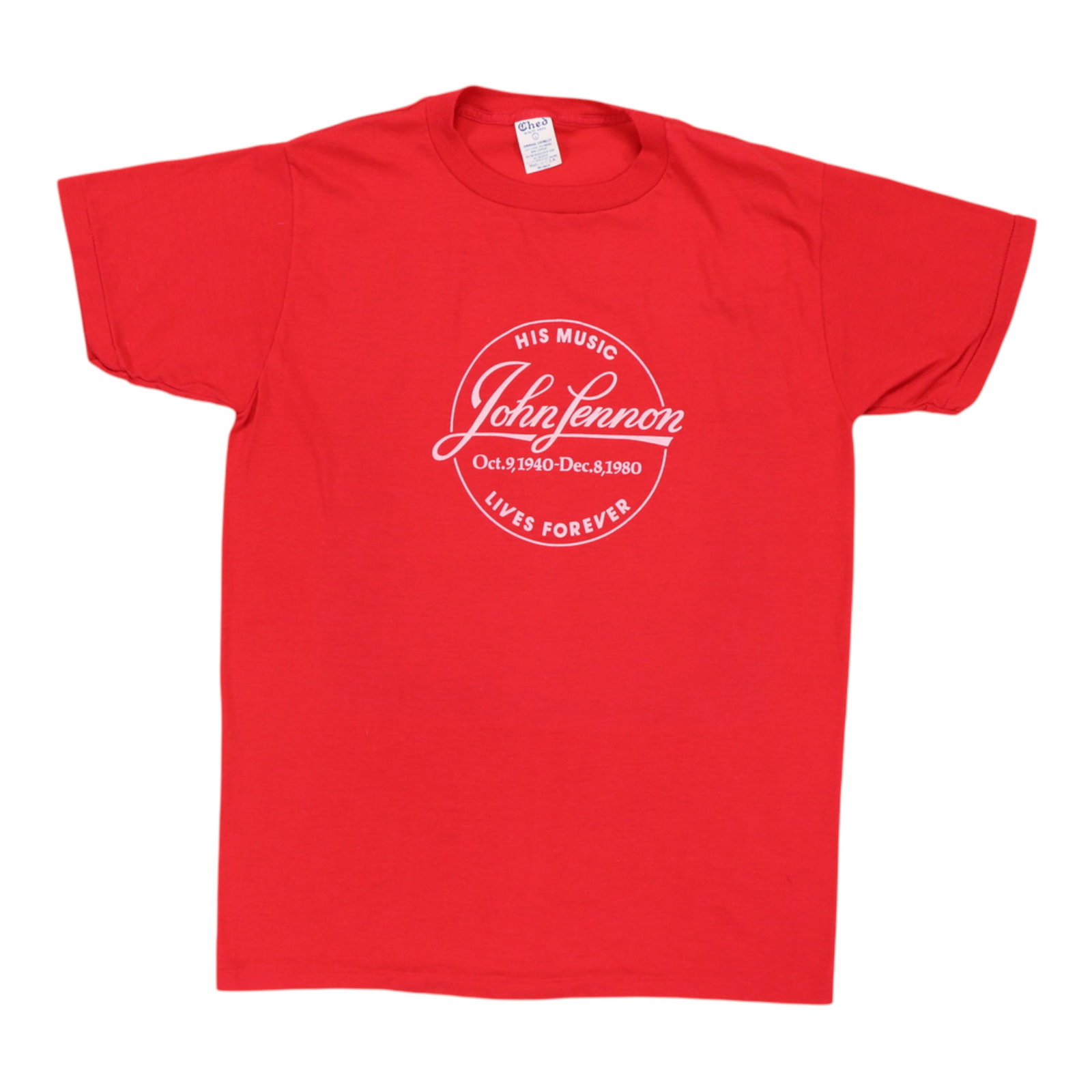 Vintage 1980 Red John Lennon Memorial Poly Cotton T Shirt: Vintage 1980 Red John Lennon Memorial Poly Cotton T Shirt This is an original vintage 1980 John Lennon Memorial Shirt, not a modern reproduction. The shirt features no back graphics and is crafted fro
