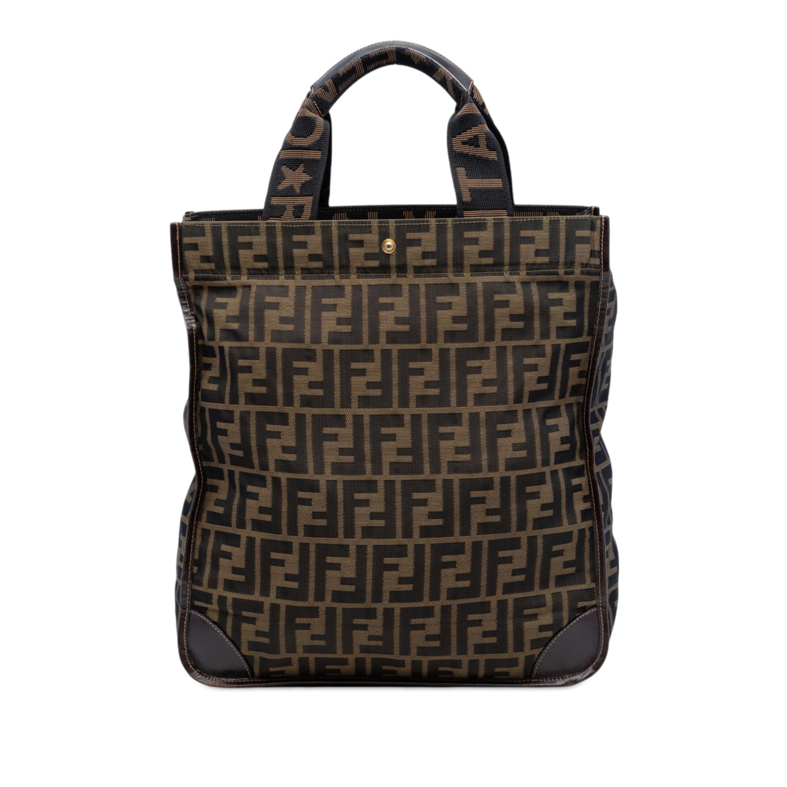 Fendi Zucca canvas tote bag with leather trim: Fendi Zucca canvas tote bag with leather trim This Fendi Zucca Canvas Shopping Tote features a canvas body with leather trim, flat canvas handles, and an open top secured by a snap button closure. The
