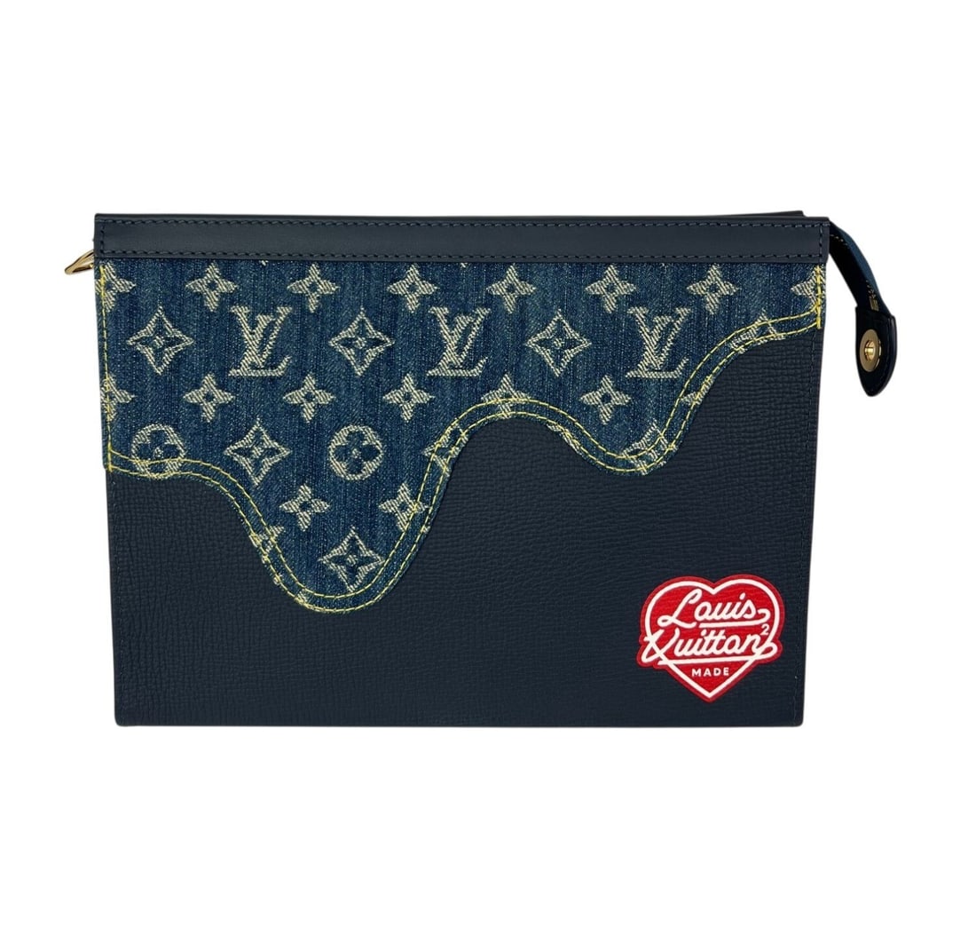 Louis Vuitton Nigo Denim Voyage MM Blue Monogram Crossbody Bag: Louis Vuitton Nigo Denim Voyage MM Blue Monogram Crossbody Bag This Louis Vuitton X Nigo Taurillon Denim Drip Pochette Voyage MM is a medium-sized crossbody clutch featuring a rectangular shape, zip c