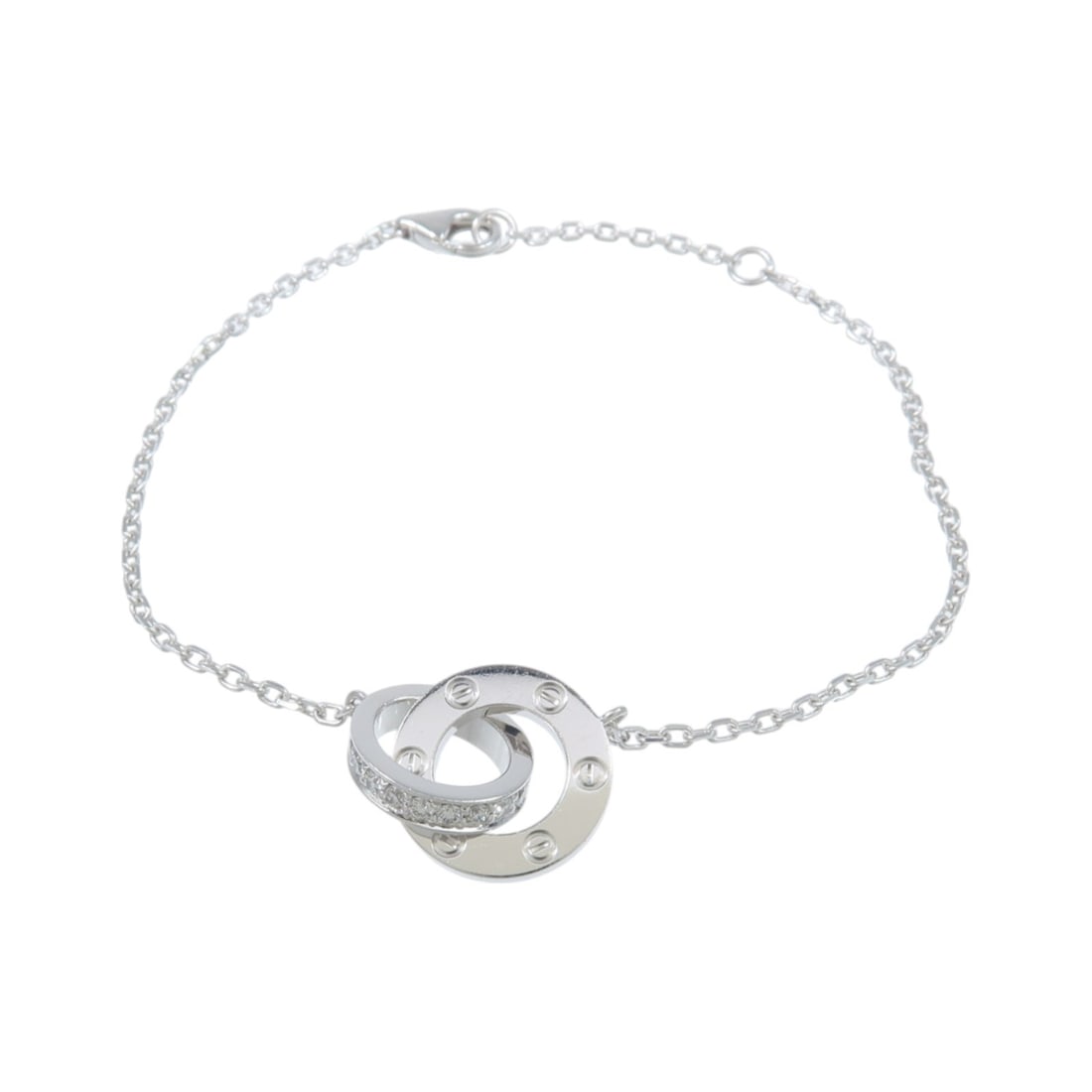 Cartier Love Bracelet on Chain 18K White Gold Diamond Pave: Cartier Love Bracelet on Chain 18K White Gold Diamond Pave A Cartier Love Bracelet on chain paved bracelet in 18K white gold with diamond. It is described as a women's bracelet in clear color, made in