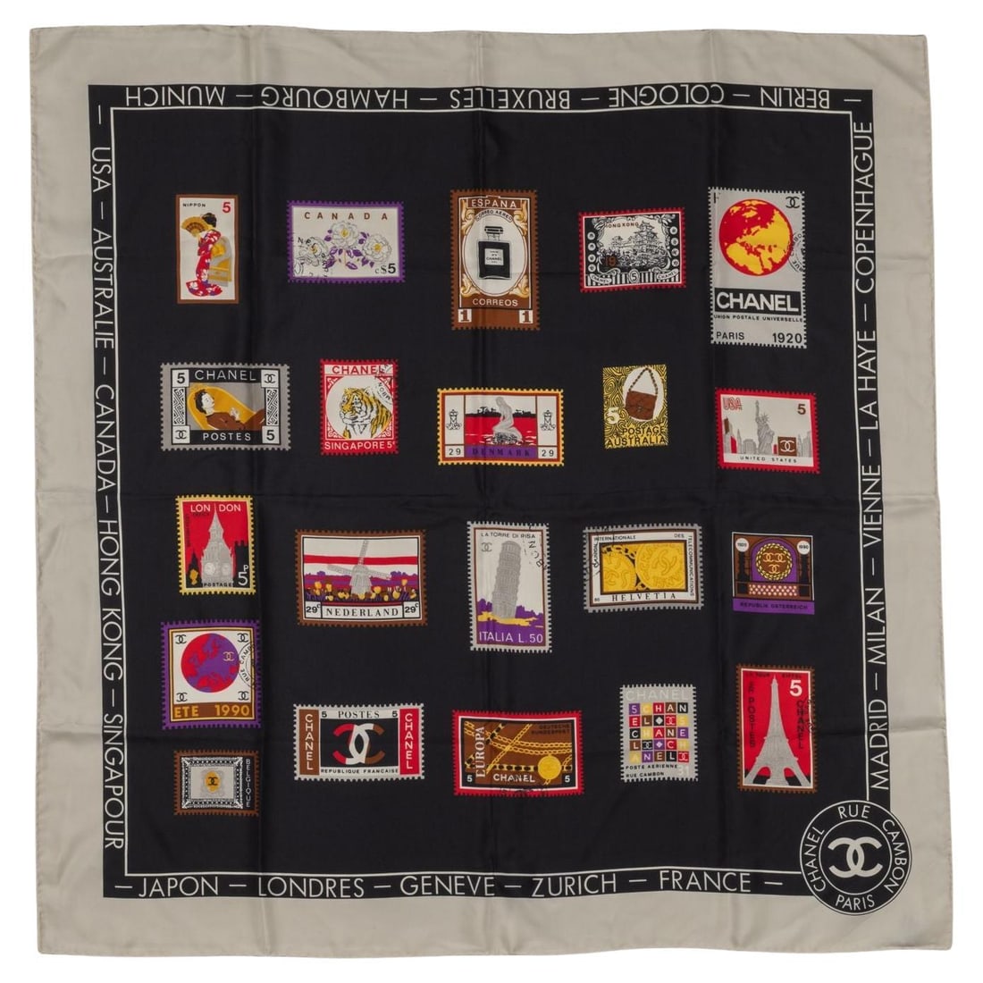 Chanel Flags Square Scarf Black Silk Travel Stamp Print (1 of 6)