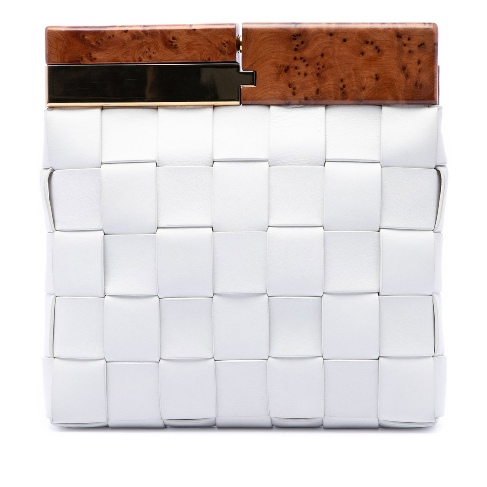 White Woven Leather Clutch Bottega Veneta The Snap Maxi Intrecciato: White Woven Leather Clutch Bottega Veneta The Snap Maxi Intrecciato Bottega Veneta Lambskin Maxi Intrecciato The Snap Clutch features a woven leather body with a gold-tone and wood accent top snap clo