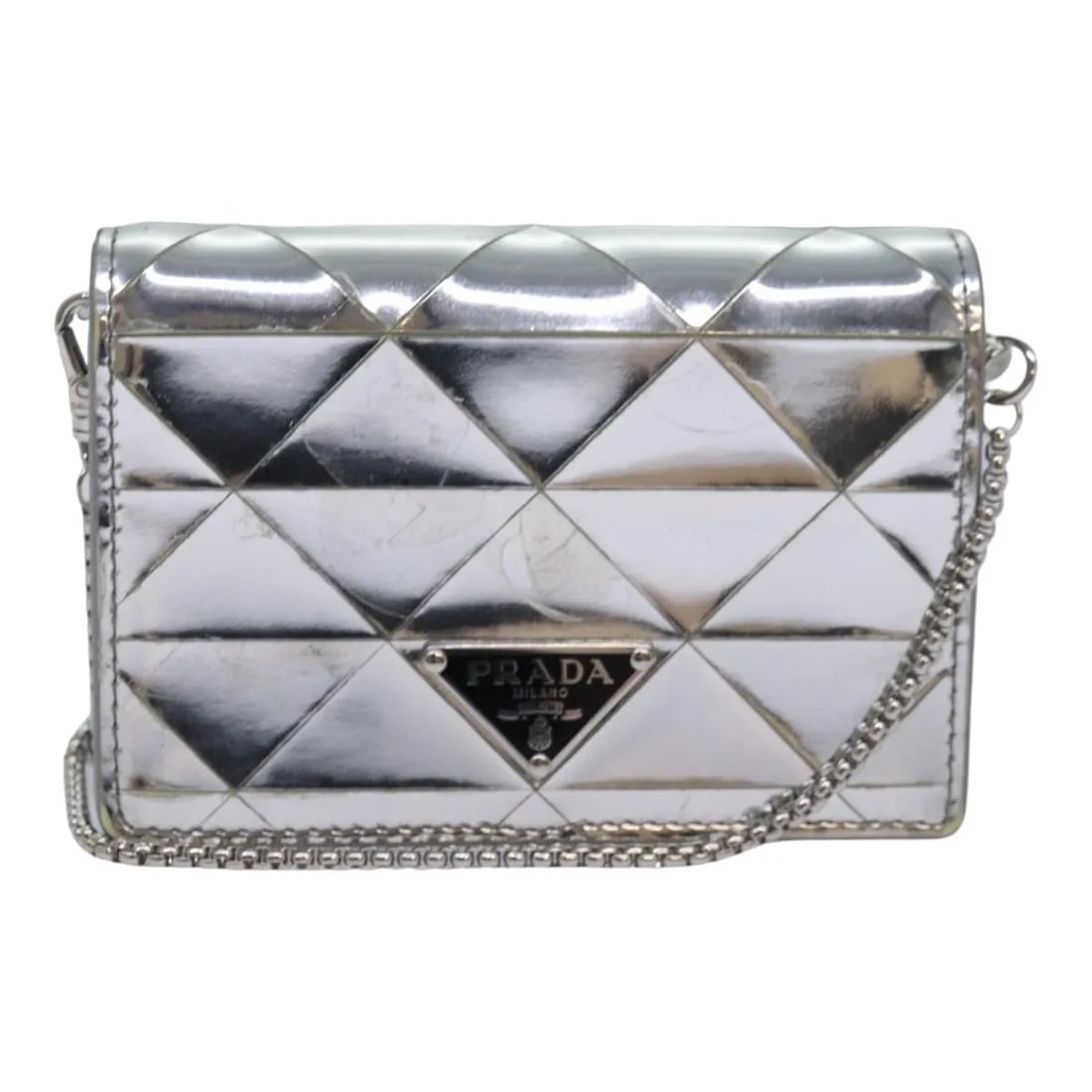 Prada Chain Wallet Silver Leather Shoulder Bag: Prada Chain Wallet Silver Leather Shoulder Bag This Prada Chain Wallet features a silver leather exterior adorned with embellishments, complemented by a chain shoulder strap. Designed for women, it of
