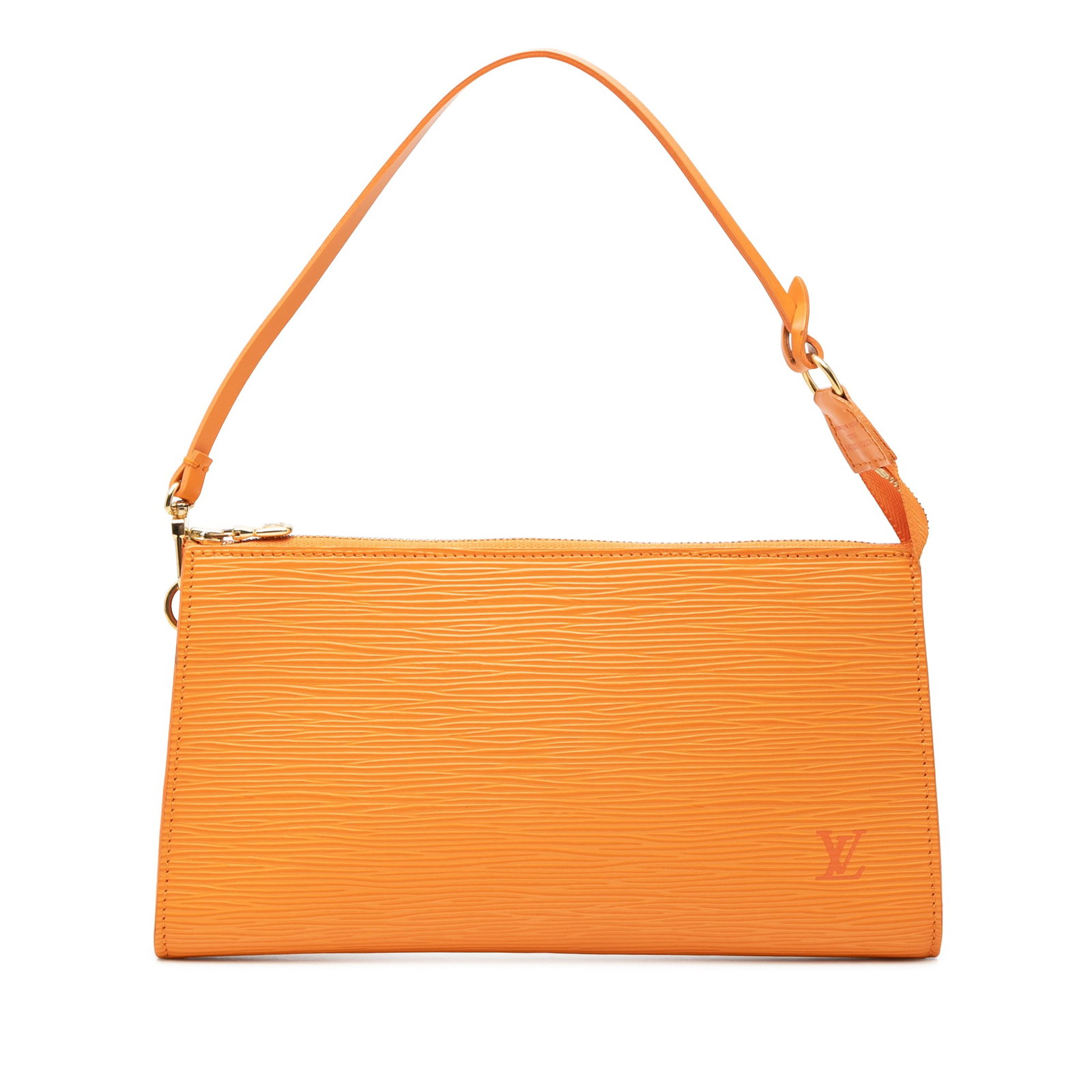 Louis Vuitton Epi Leather Orange Pochette Accessoires: Louis Vuitton Epi Leather Orange Pochette Accessoires This Louis Vuitton Epi Pochette Accessoires features a distinctive orange epi leather body with a flat shoulder strap and a secure top zip closure