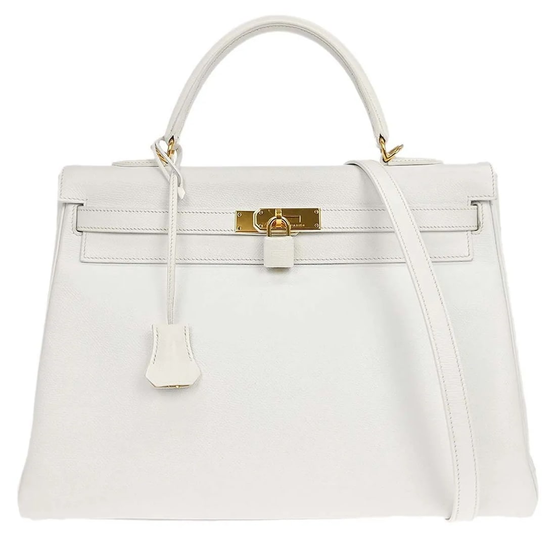 Hermes Kelly White Leather Handbag Gold Hardware: Hermes Kelly White Leather Handbag Gold Hardware This Hermes Kelly Handbag is crafted from light-colored Epsom leather and features gold hardware. The bag is designed for women and showcases a classic