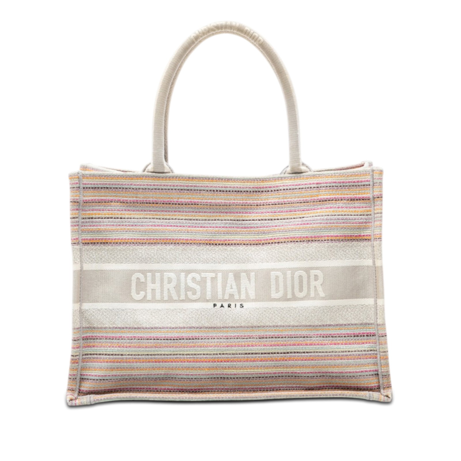 Dior gray embroidered stripe canvas medium Book Tote: Dior gray embroidered stripe canvas medium Book Tote This Dior Medium Embroidered Canvas Stripes Book Tote features a gray canvas body with embroidered stripe details, rolled top handles, and an open 