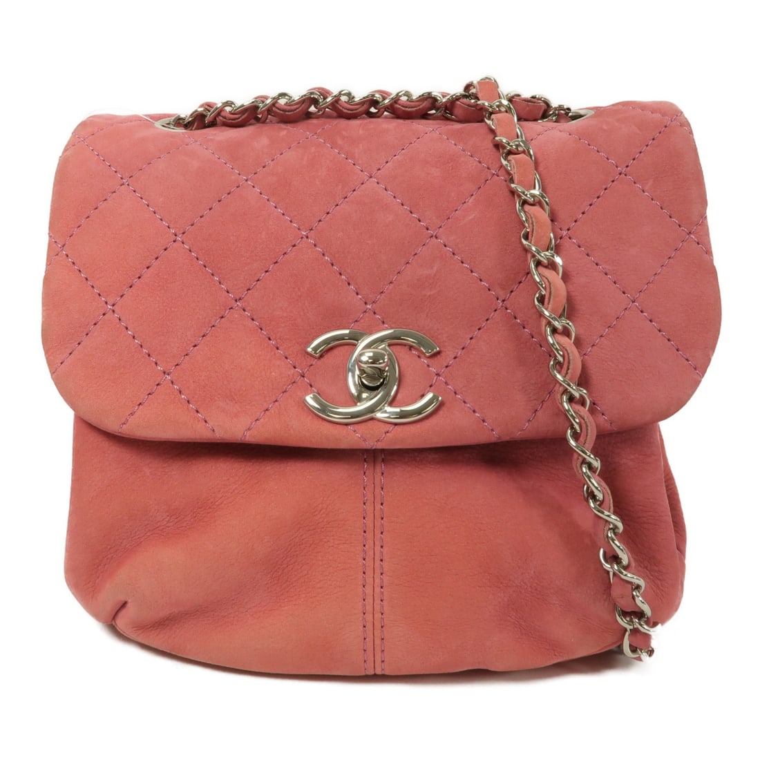 Chanel CC Chain Shoulder Bag Pink Suede SHW: Chanel CC Chain Shoulder Bag Pink Suede SHW A CHANEL shoulder bag in pink suede with CC hardware and a chain shoulder strap. It features a turn-lock closure, one inside zip pocket, and comes with stor
