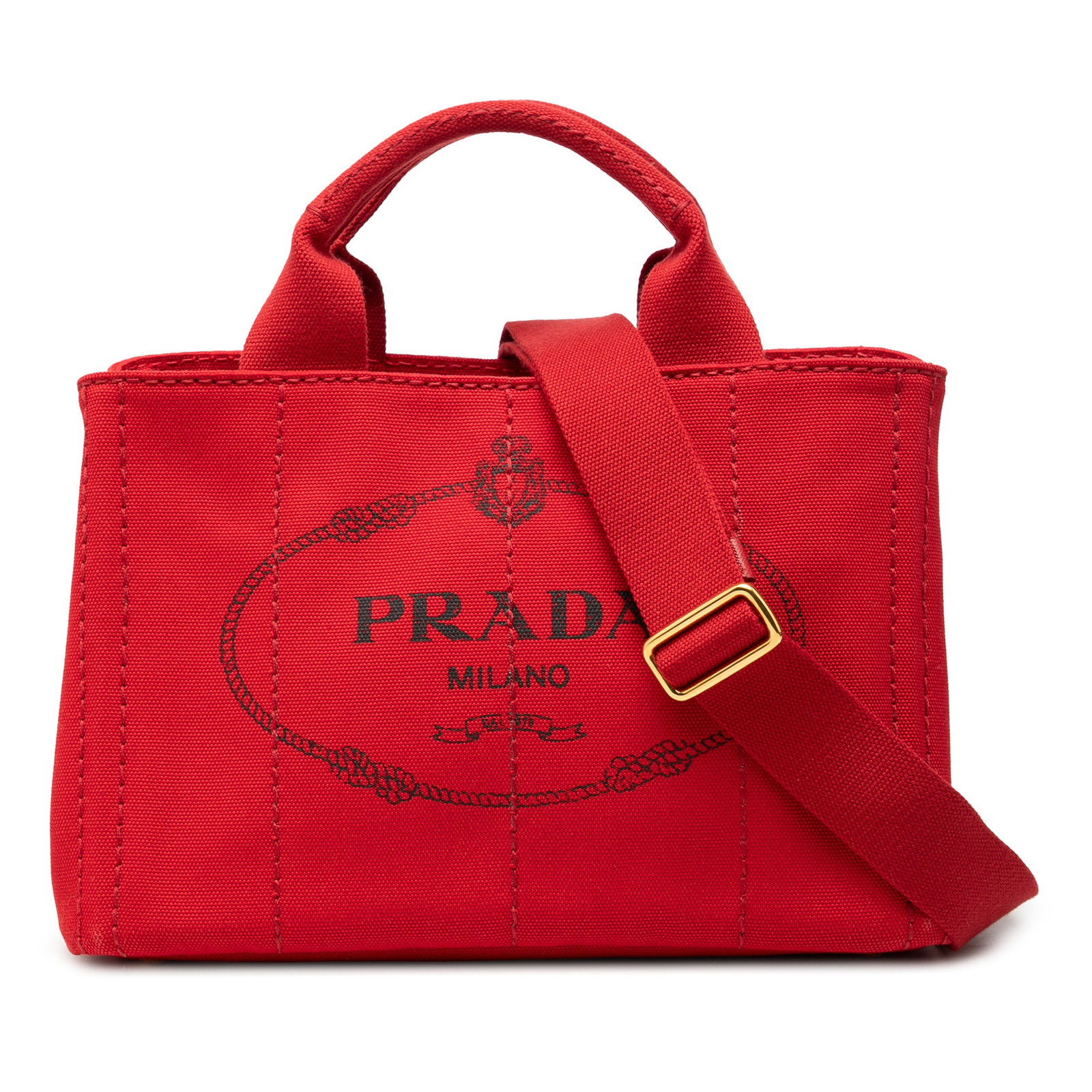 Prada Canapa Red Canvas Satchel with Detachable Strap: Prada Canapa Red Canvas Satchel with Detachable Strap This Prada Small Canvas Canapa Logo Satchel features a red canvas body with rolled handles, a detachable shoulder strap, an open top, and interior