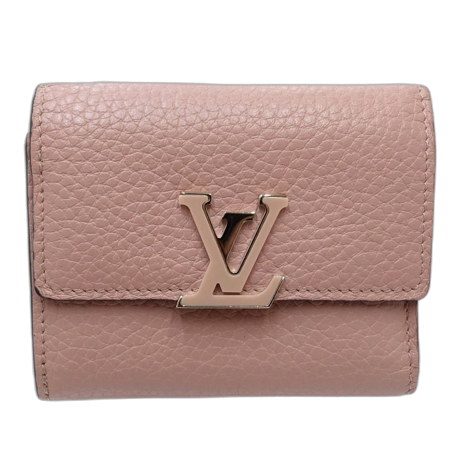 Louis Vuitton Taurillon Capucines Leather Compact Wallet Pink: Louis Vuitton Taurillon Capucines Leather Compact Wallet Pink Louis Vuitton Taurillon Capucines Compact Wallet in pink leather, made in France. It features a front flap with push clasp closure and int