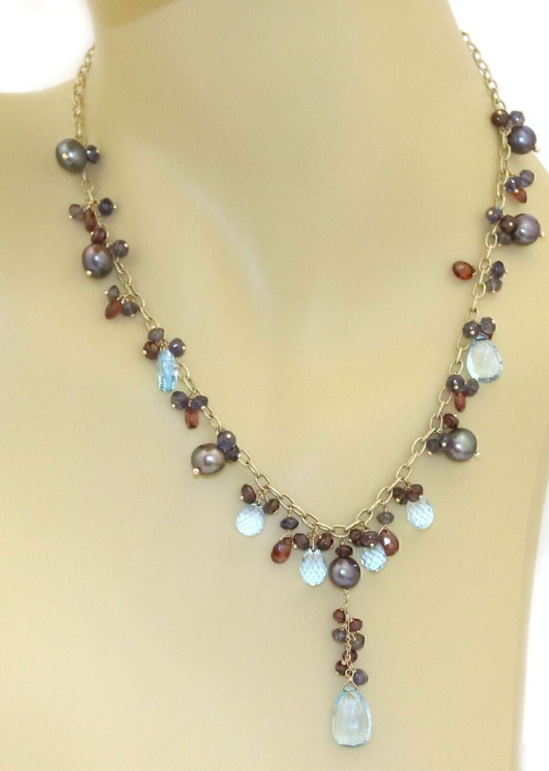 14k Yellow Gold Lariat Necklace with Black Pearls and Multicolor Gemstones: 14k Yellow Gold Lariat Necklace with Black Pearls and Multicolor Gemstones This vintage estate gemstone lariat necklace is crafted in solid 14k yellow gold with a textured finish and accented with blu