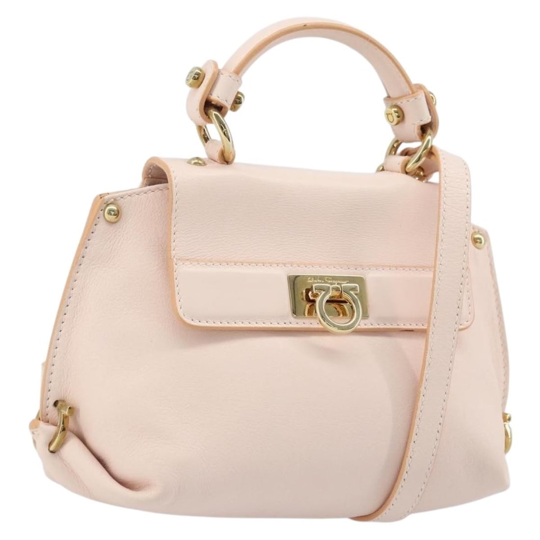 Salvatore Ferragamo Pink Gancini Leather Convertible Shoulder and Handbag: Salvatore Ferragamo Pink Gancini Leather Convertible Shoulder and Handbag This Salvatore Ferragamo Gancini handbag is crafted from leather in an elegant pink and gold color combination. Designed for v