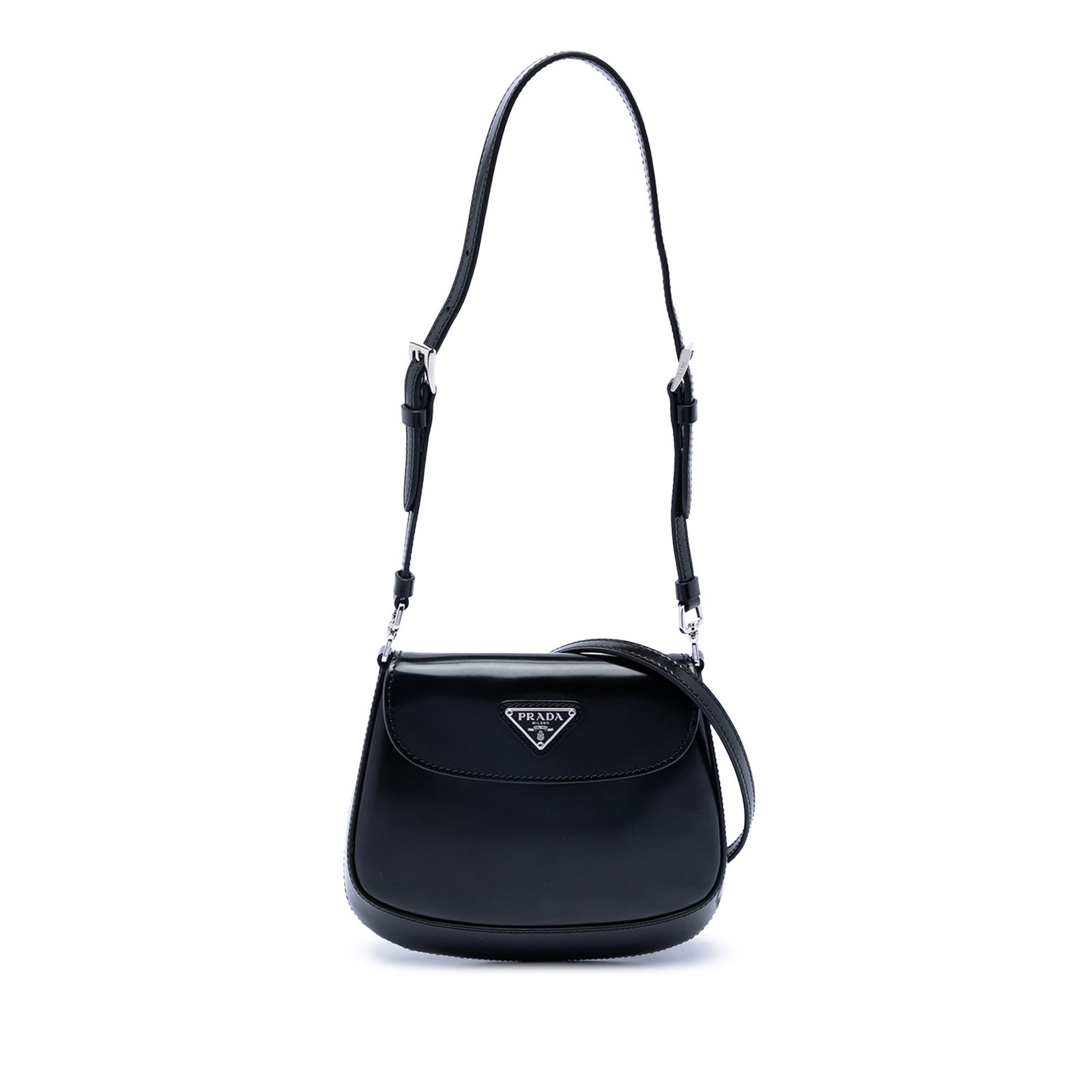 Prada Mini Cleo Black Leather Crossbody Bag with Flap: Prada Mini Cleo Black Leather Crossbody Bag with Flap This Prada Mini Brushed Leather Cleo Flap crossbody bag is crafted from black leather and features a detachable flat strap and a front flap with m