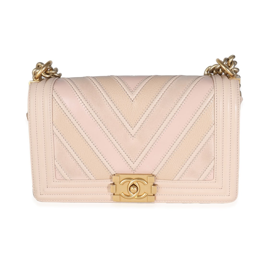 Chanel Medium Boy Bag Beige Caviar Calfskin Suede Handbag: Chanel Medium Boy Bag Beige Caviar Calfskin Suede Handbag A Chanel Medium Boy Bag handbag in beige and pink with a chevron design, crafted in leather, suede, and calfskin with a caviar finish. It feat
