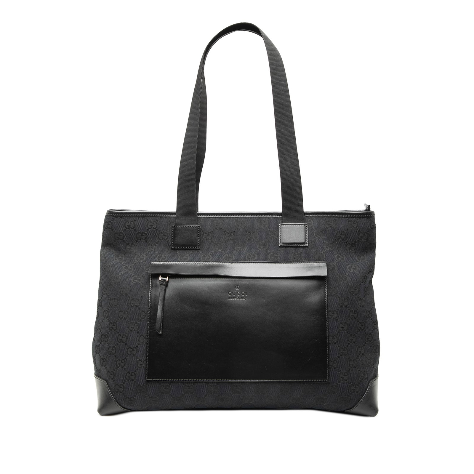 Gucci GG Canvas Tote Bag Black Fabric Leather Trim: Gucci GG Canvas Tote Bag Black Fabric Leather Trim A Gucci GG Canvas Tote bag in black, made in Italy. It features a canvas body with leather trim, flat canvas straps, a top zip closure, an exterior z