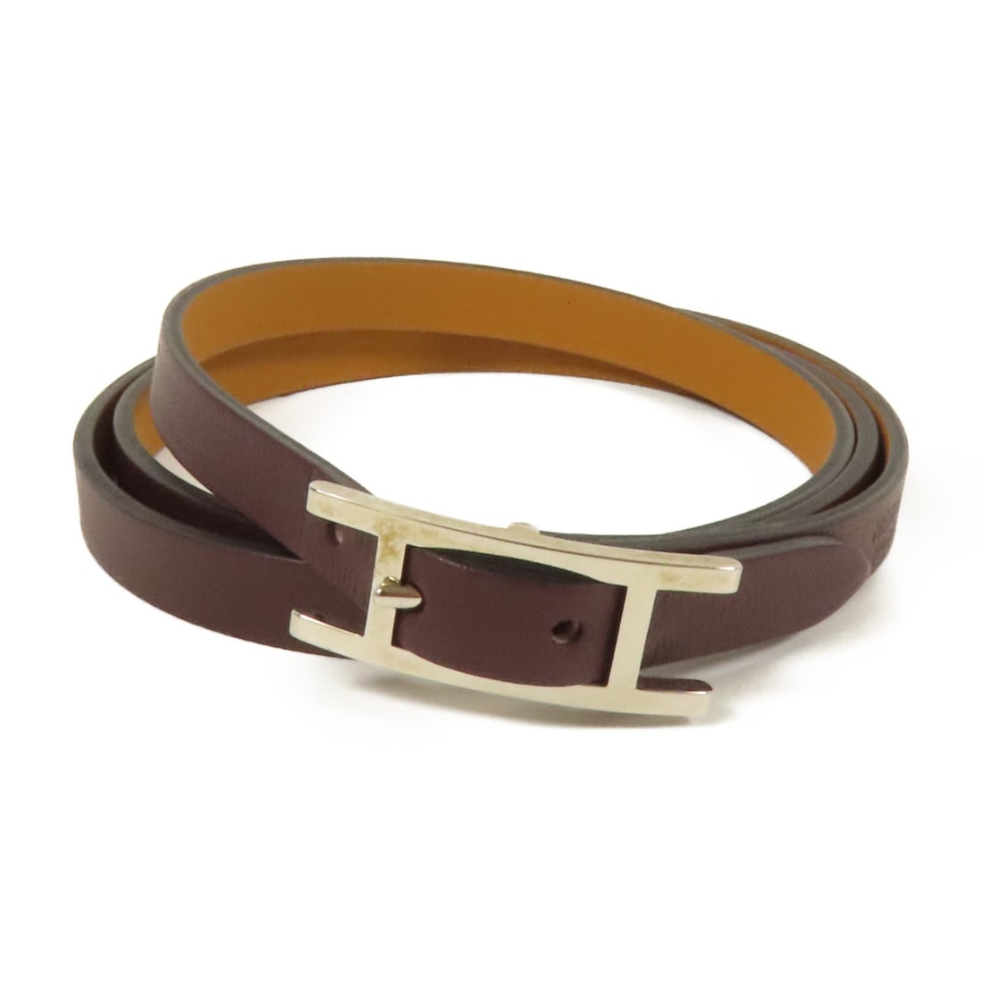 Hermes Behapi Double Tour Brown Swift Leather Bracelet PHW (1 of 10)
