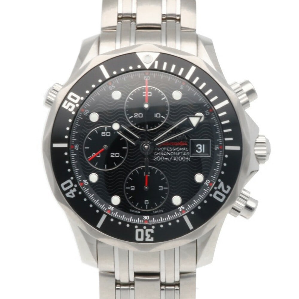 OMEGA 21330424001001 Seamaster 300 Chronograph Men's Wristwatch: OMEGA 21330424001001 Seamaster 300 Chronograph Men's Wristwatch Pre-owned OMEGA Seamaster 300 Chronograph men's wristwatch, model 21330424001001, in silver and black. This Swiss-made watch features a 