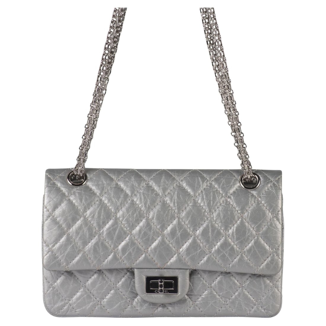 Chanel 2.55 Reissue Grey Calfskin Flap Bag Silver Hardware: Chanel 2.55 Reissue Grey Calfskin Flap Bag Silver Hardware This Chanel 2.55 Reissue Flap Bag features a grey aged calfskin leather exterior complemented by silver-tone hardware. It showcases the class