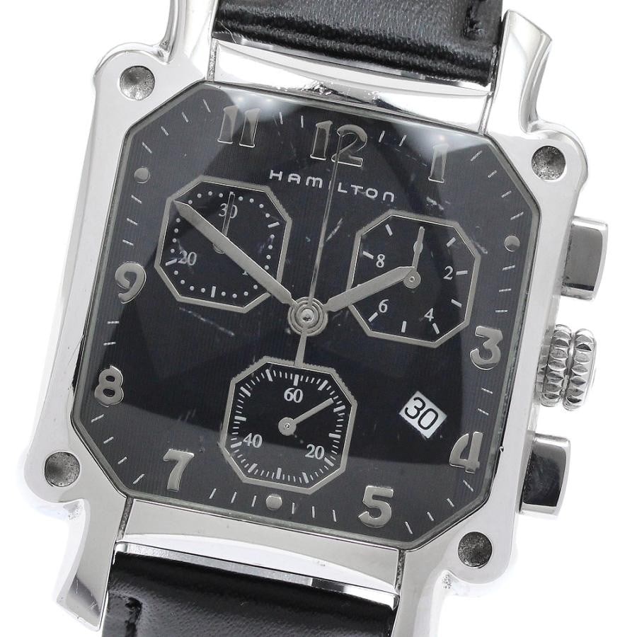 Hamilton Lloyd H194120 mens quartz chronograph watch with date: Hamilton Lloyd H194120 mens quartz chronograph watch with date Hamilton Lloyd men's pre-owned wristwatch with a black dial, quartz movement, and stainless steel and leather construction. It features d