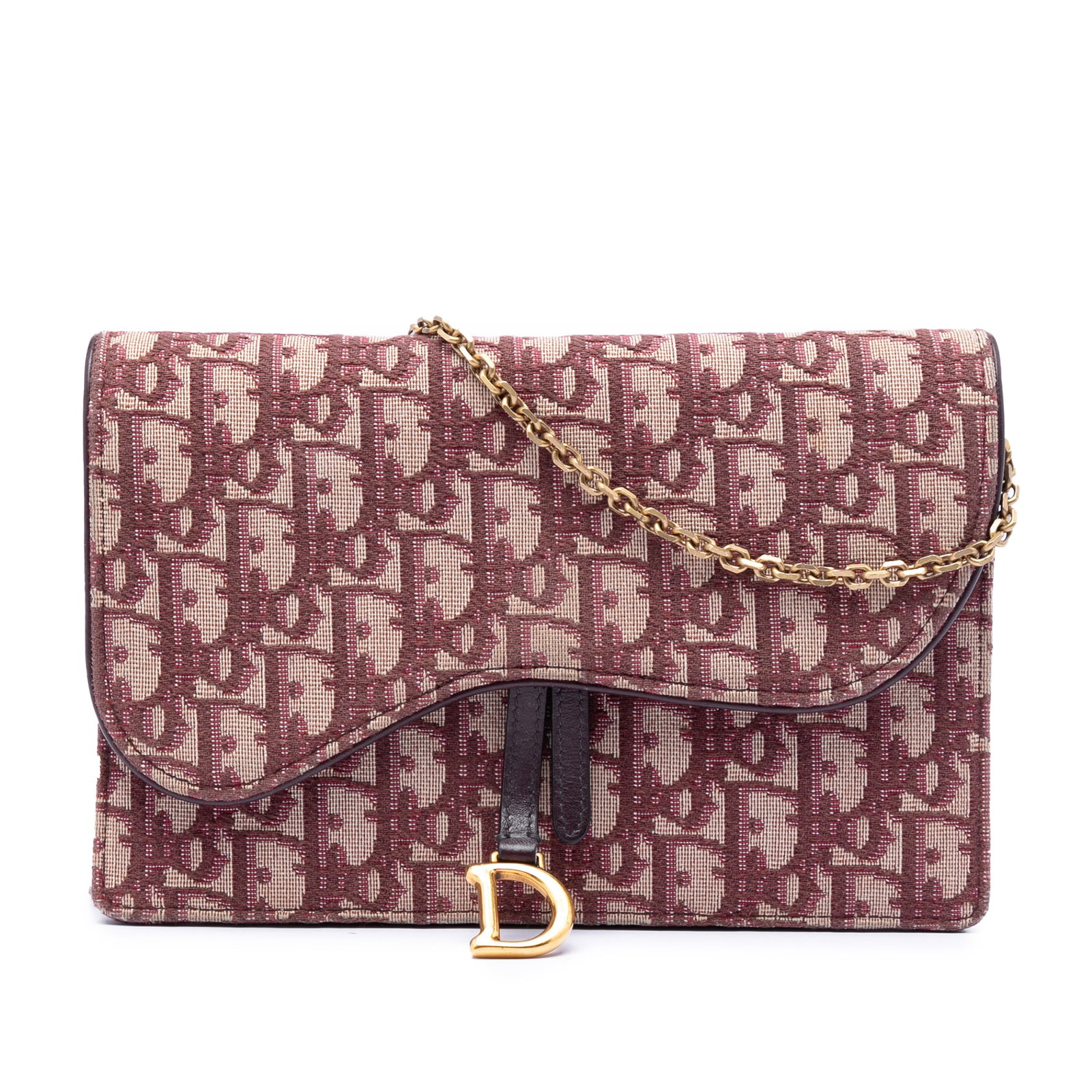 Dior Saddle Wallet On Chain in Red Oblique Canvas: Dior Saddle Wallet On Chain in Red Oblique Canvas This Dior Saddle wallet on chain is crafted in red oblique canvas with leather trim. It features a detachable chain link strap, a flap with magnetic s