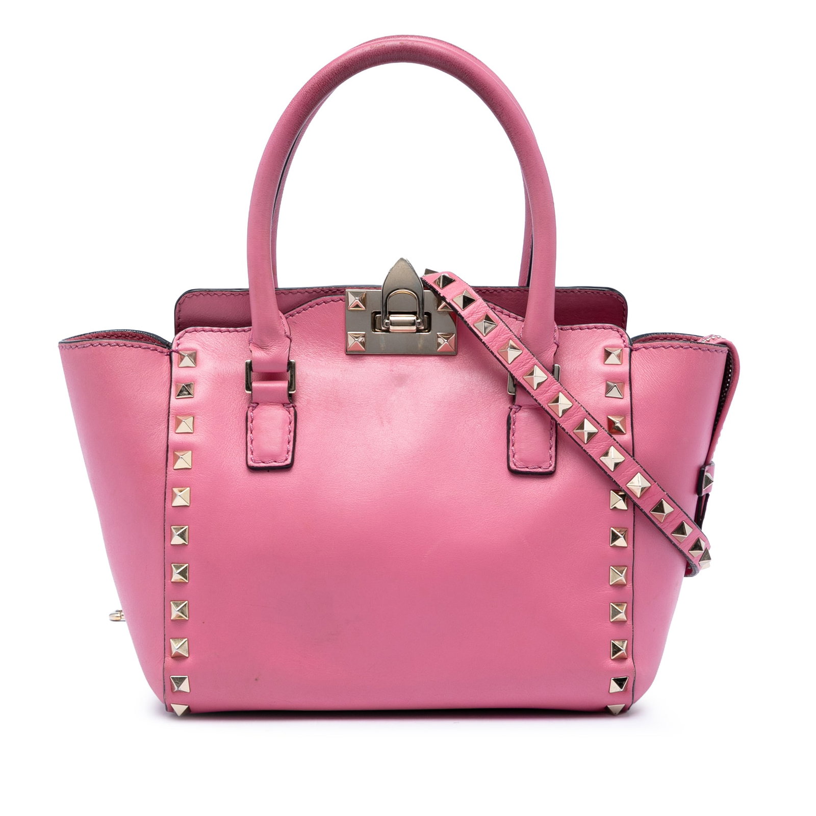 Valentino Rockstud Mini Leather Satchel with Shoulder Strap: Valentino Rockstud Mini Leather Satchel with Shoulder Strap Valentino Mini Leather Rockstud Double Handle Tote in pink leather, made in Italy. This satchel features a studded leather body, rolled leat