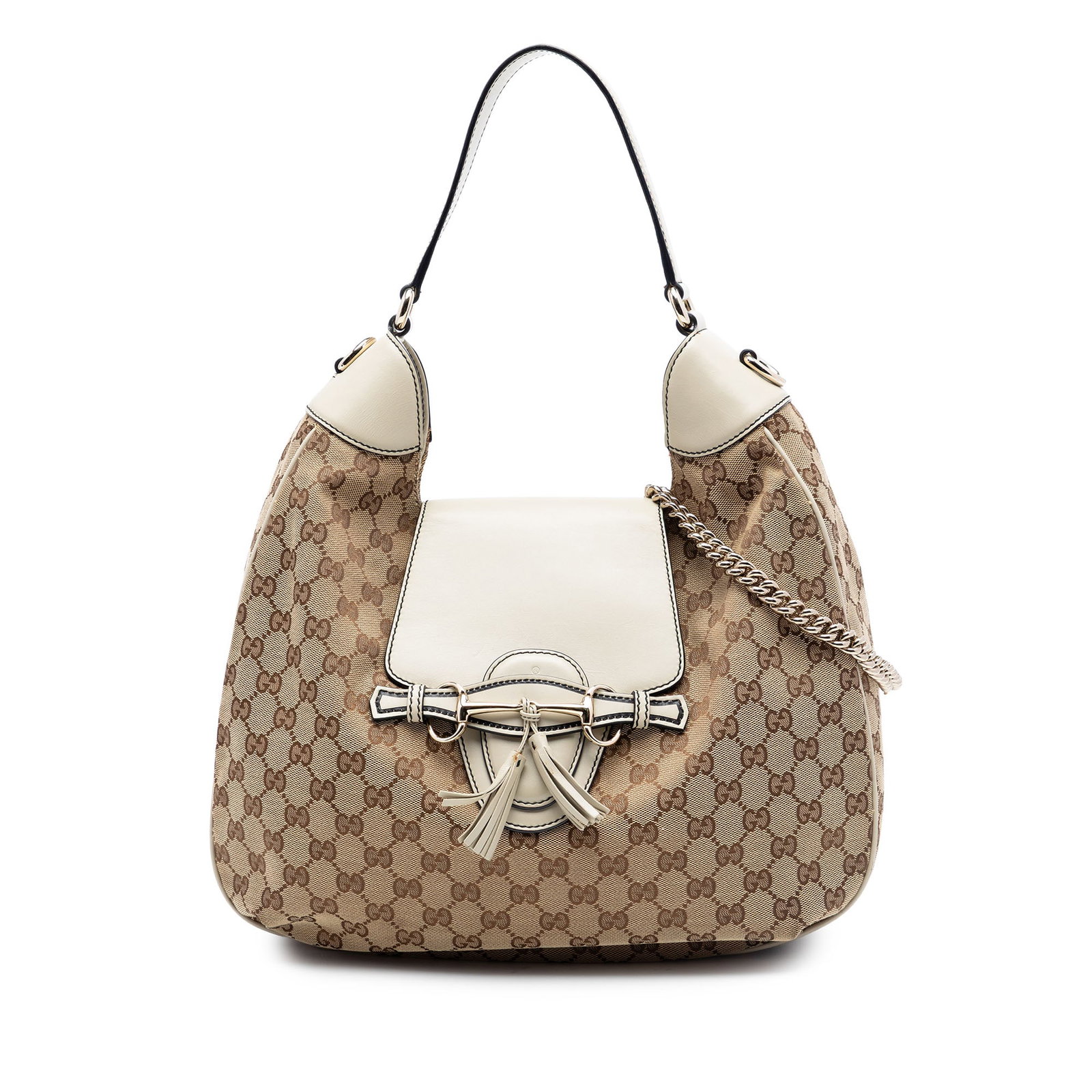 Gucci Emily Medium GG Canvas Satchel with Chain Strap: Gucci Emily Medium GG Canvas Satchel with Chain Strap This Gucci Medium GG Canvas Emily Flap Satchel is crafted in beige canvas with leather trim. The design features a flat leather top handle, a deta