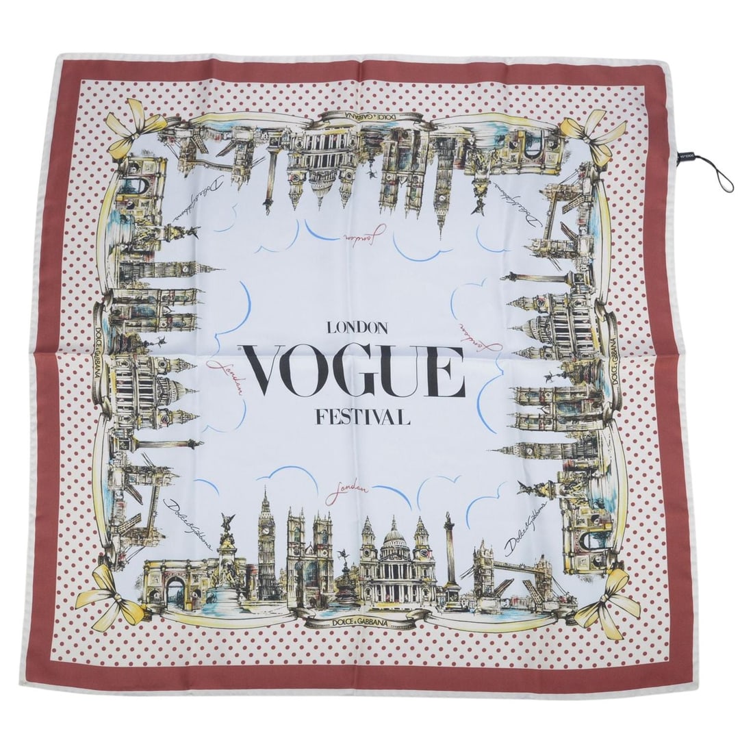 Dolce & Gabbana Silk Vogue London Festival Scarf with Landmark Print: Dolce & Gabbana Silk Vogue London Festival Scarf with Landmark Print This Dolce & Gabbana Vogue London Festival scarf is crafted from 100% silk and showcases an illustrative border featuring iconic Lo