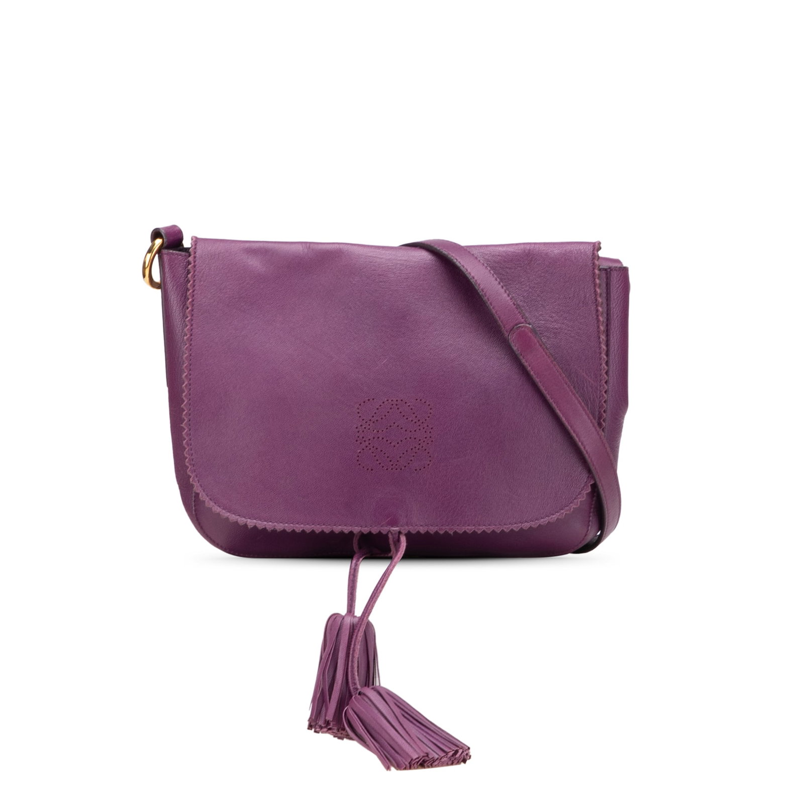 LOEWE Purple Nappa Anagram Tassel Crossbody Bag: LOEWE Purple Nappa Anagram Tassel Crossbody Bag The LOEWE Nappa Anagram Tassel Crossbody bag is crafted from luxurious nappa leather, showcasing a stylish purple hue. It features a flat leather should
