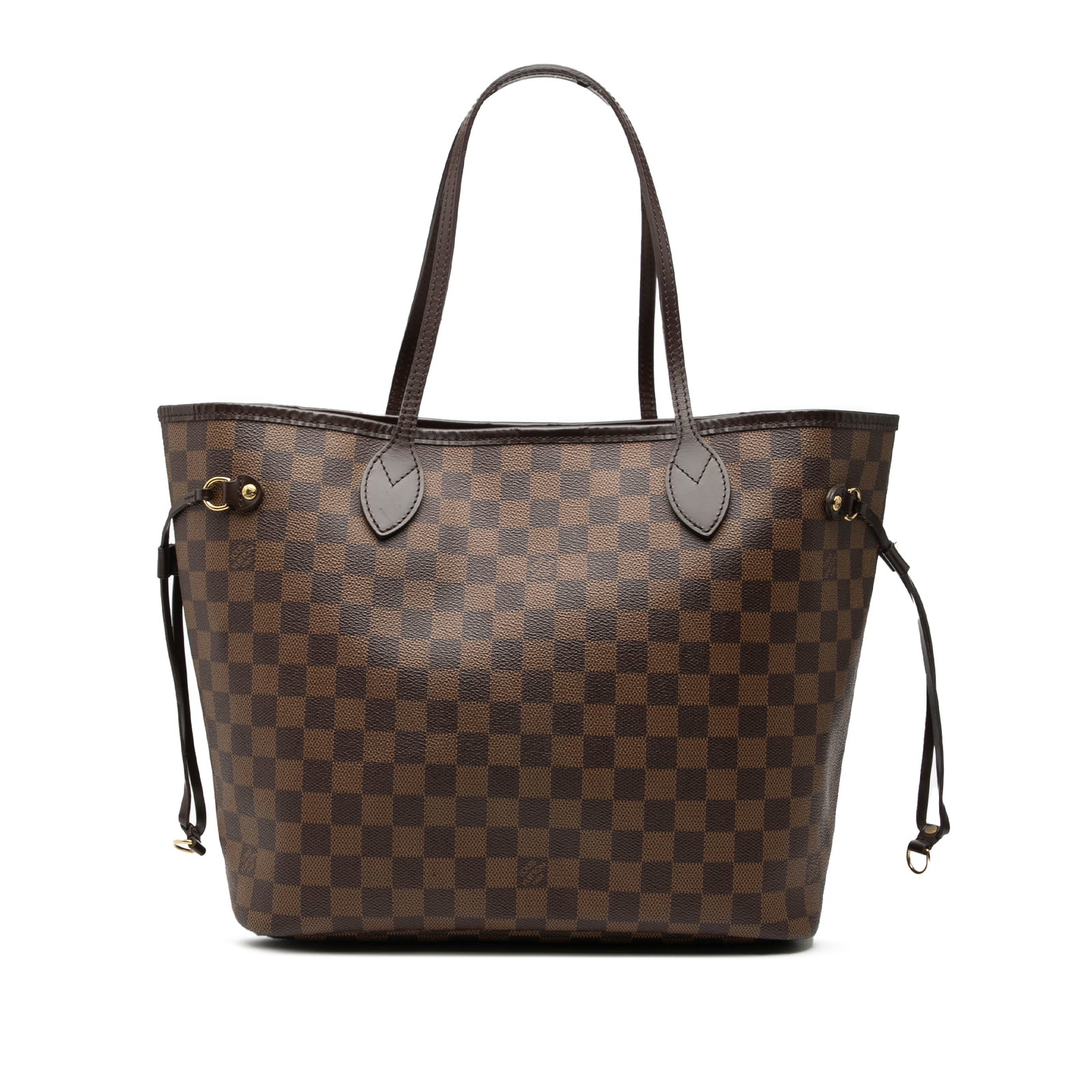 Louis Vuitton Neverfull MM Tote in Damier Ebene Canvas with Leather Trim: Louis Vuitton Neverfull MM Tote in Damier Ebene Canvas with Leather Trim This Louis Vuitton Damier Ebene Neverfull MM is crafted from signature Damier canvas with leather trim and features flat leathe