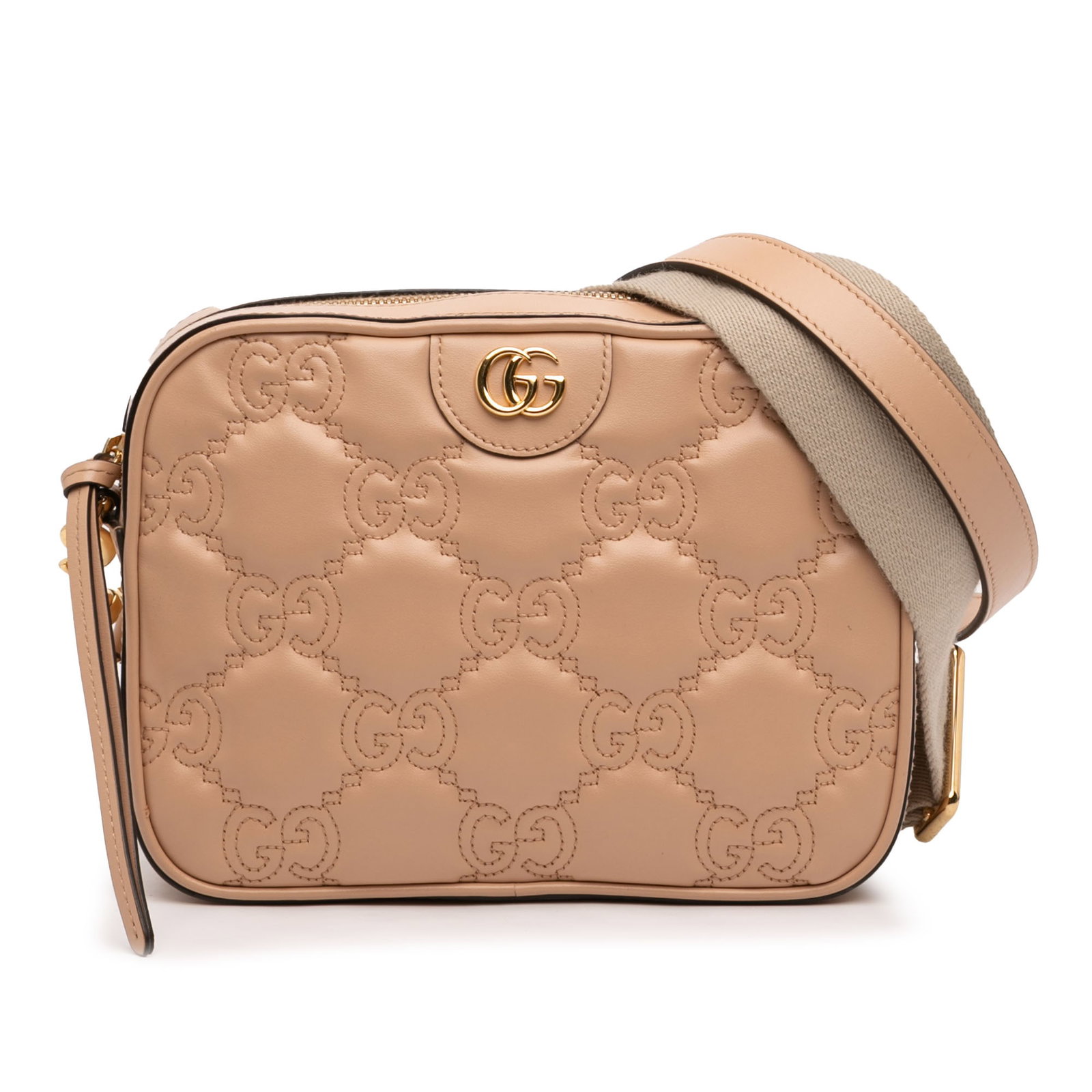 Gucci GG Matelasse Small Calfskin Crossbody Bag Beige: Gucci GG Matelasse Small Calfskin Crossbody Bag Beige A Gucci Small GG Matelasse Calfskin Crossbody bag in beige leather, featuring a quilted leather body, detachable and adjustable flat shoulder stra